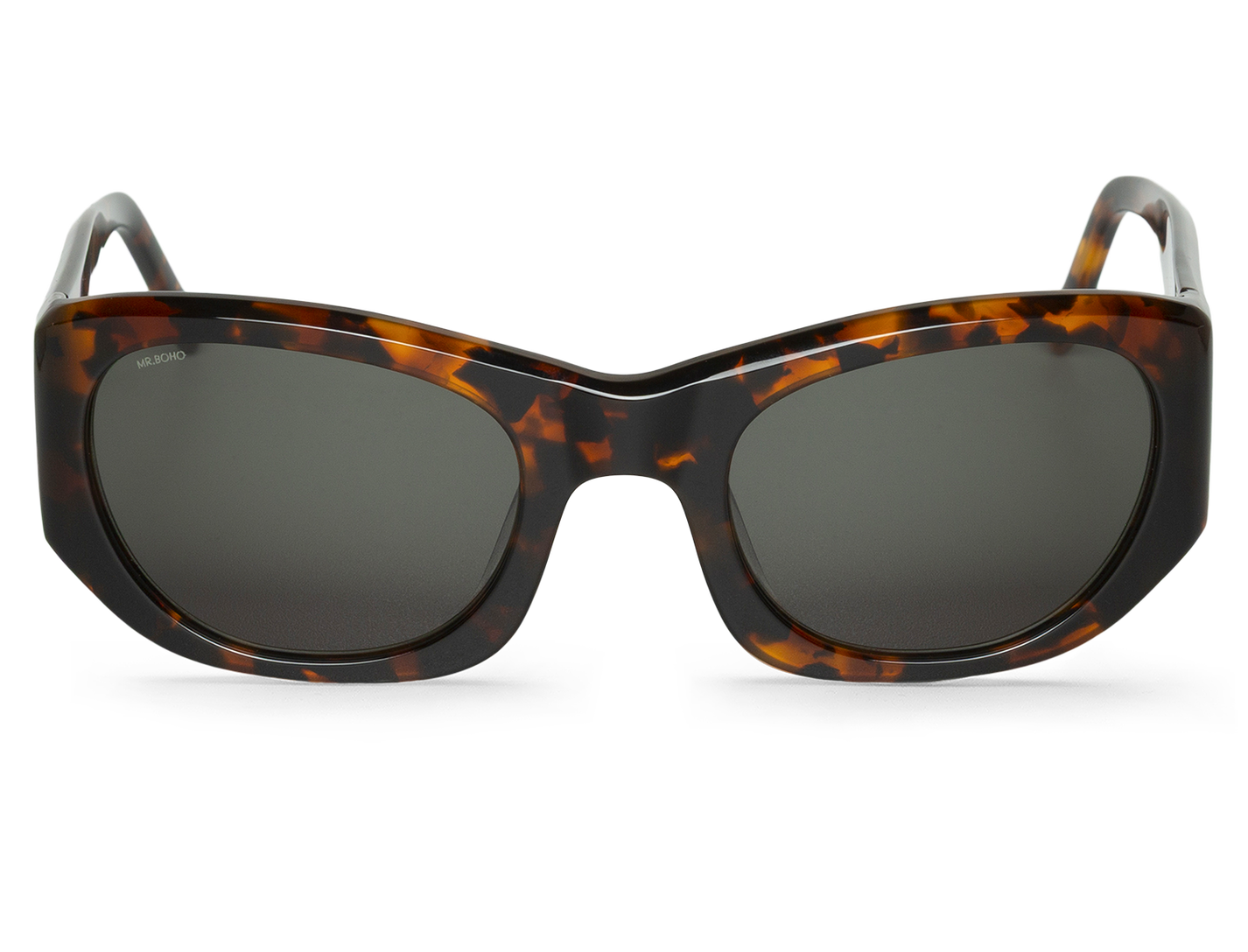 Vista frontal de gafas Mr. Boho CORON Cheetah con acabado animal y lentes oscuras