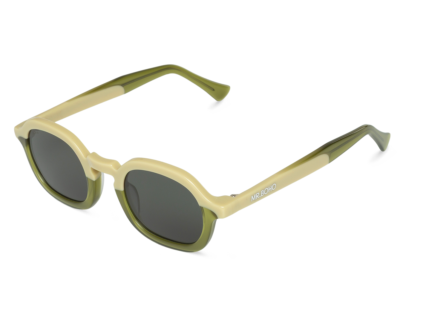 Gafas de sol Mr. Boho ELPATIO Bergamot vista oblicua con montura bicolor en crema y verde
