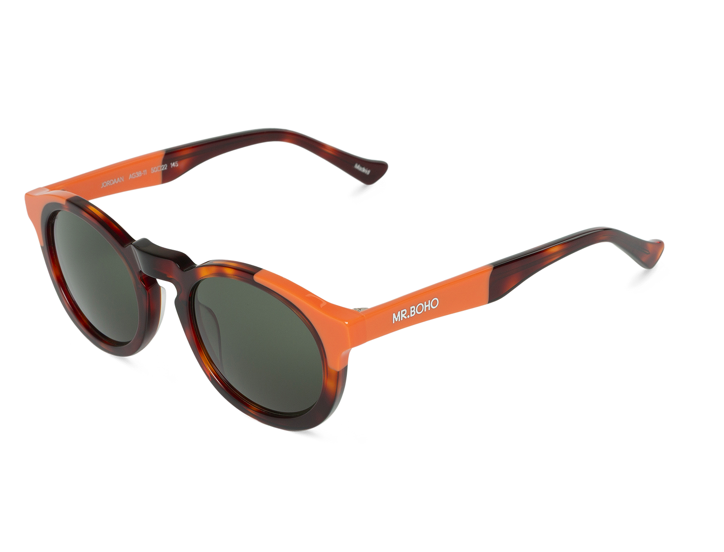 Gafas de sol Mr. Boho JORDAAN Jarana vista oblicua con montura redonda en carey y varillas naranja coral