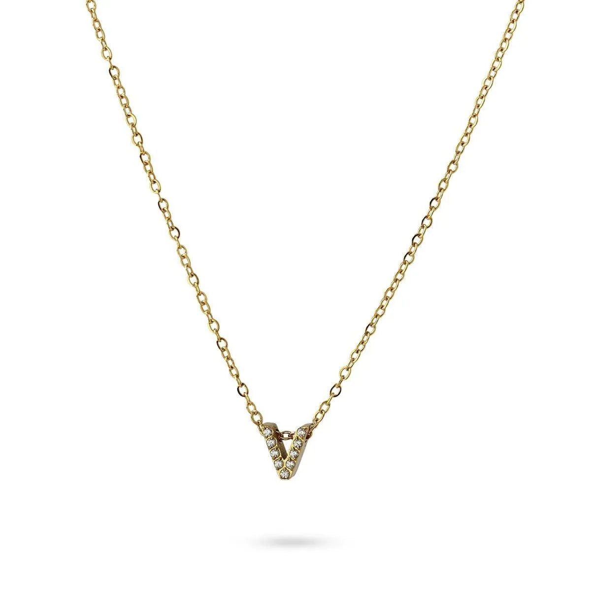 Collar Inicial V con circonitas en acero inoxidable dorado, diseño elegante y moderno, Cobalto Accesorios.