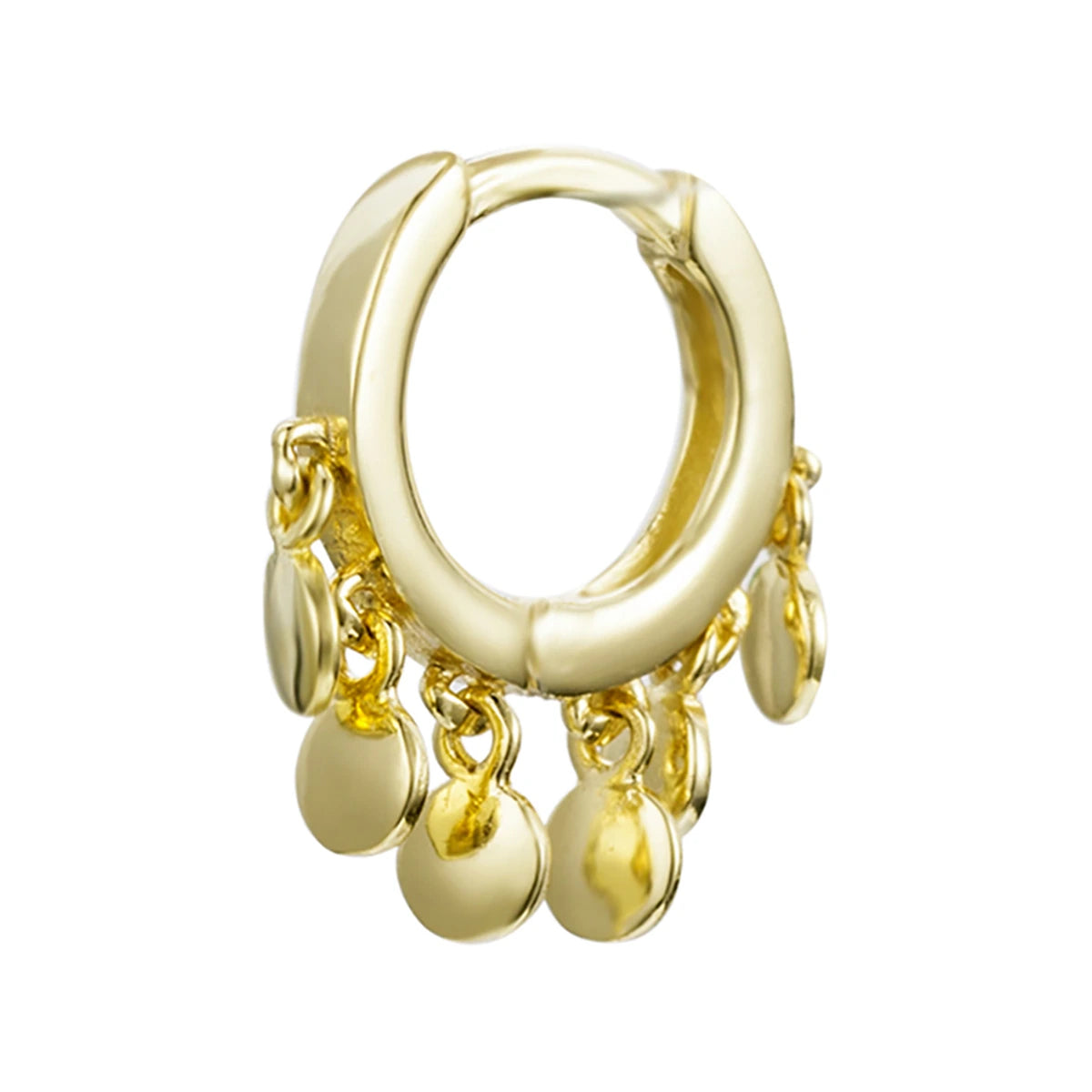 Pendiente Aro con charms colgando en dorado, de frente con varios discos colgantes