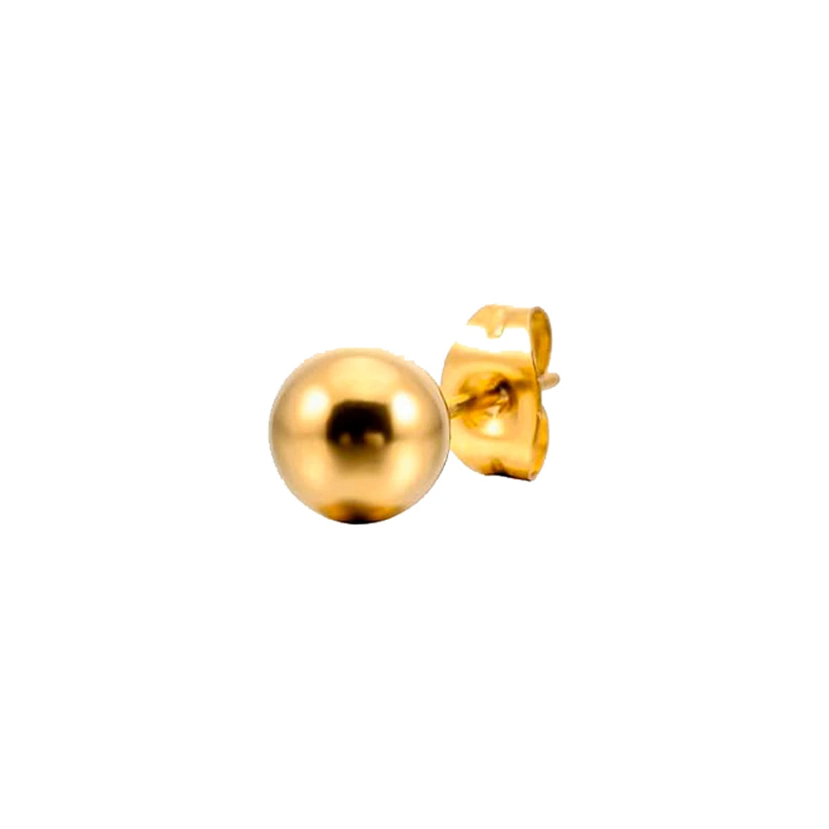 Pendiente Bola Acero 3mm en dorado, de frente con cierre de presión visible