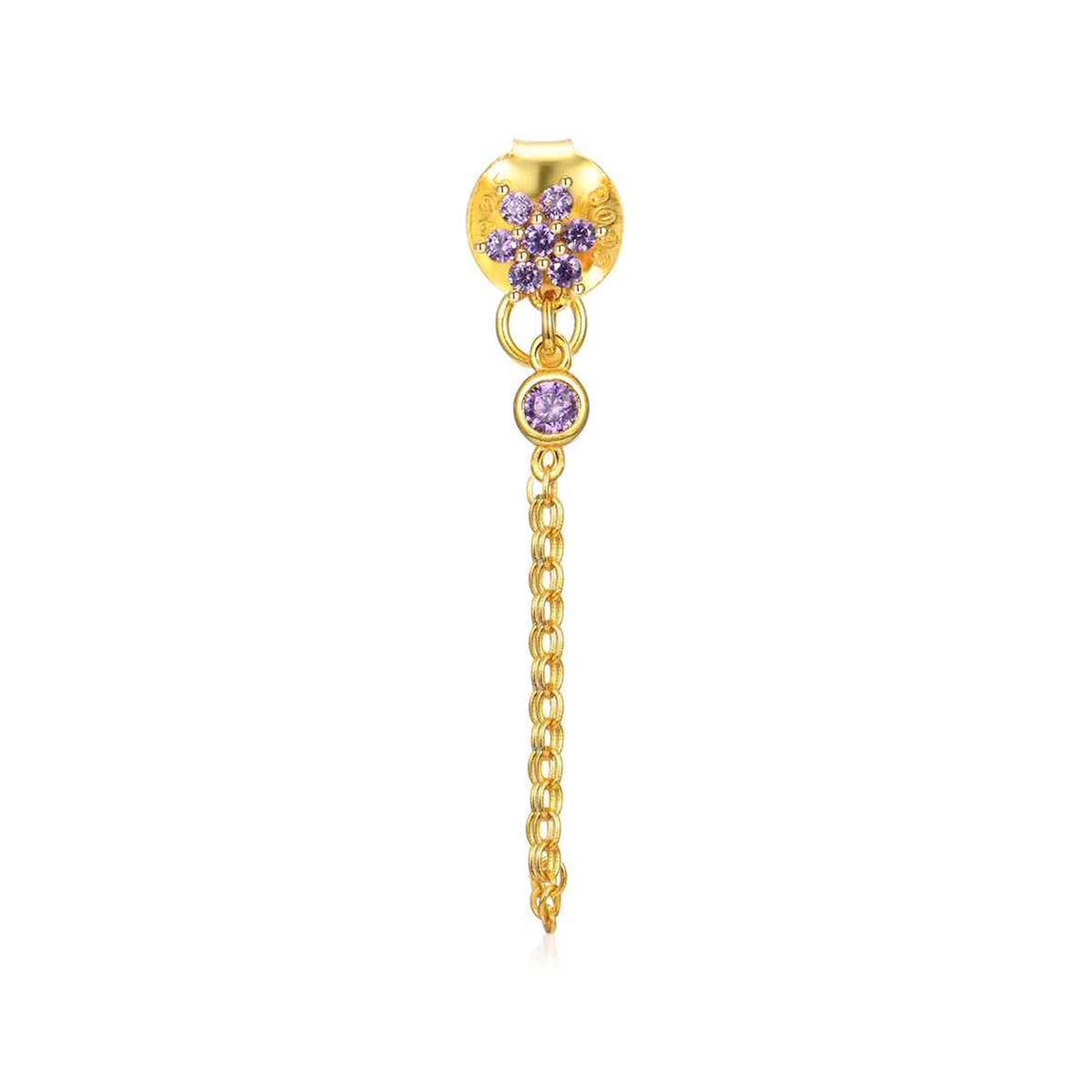 Pendiente Flor con Cadena y Circonitas en dorado, lila, de frente con flor y cadena colgante