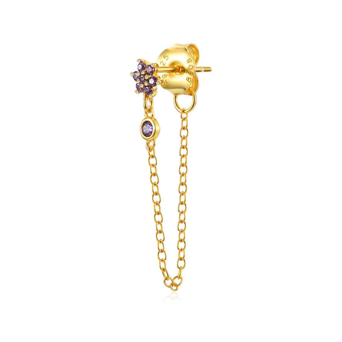 Pendiente Flor con Cadena y Circonitas en dorado, lila, de perfil con perno y cadena doblada