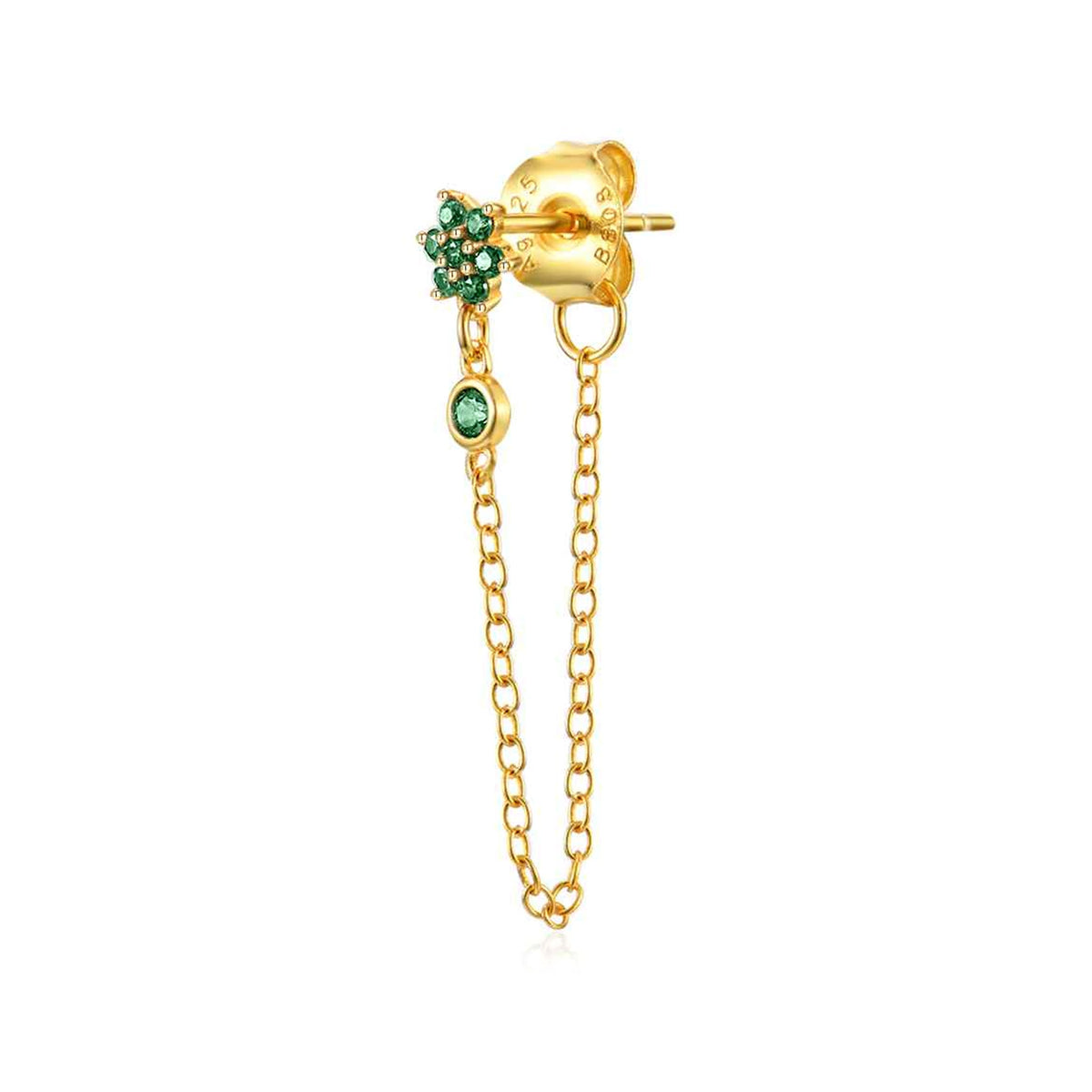Pendiente Flor con Cadena y Circonitas en dorado, verde, de perfil con perno y cadena doblada