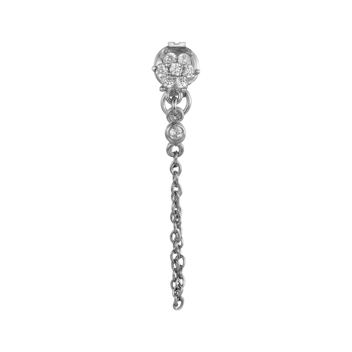Pendiente Flor con Cadena y Circonitas en plata, blanca, de frente con flor y cadena colgante