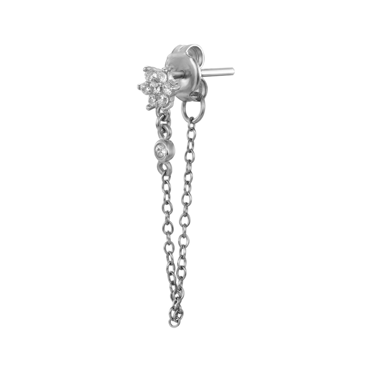 Pendiente Flor con Cadena y Circonitas en plata, blanca, de perfil con perno y cadena doblada