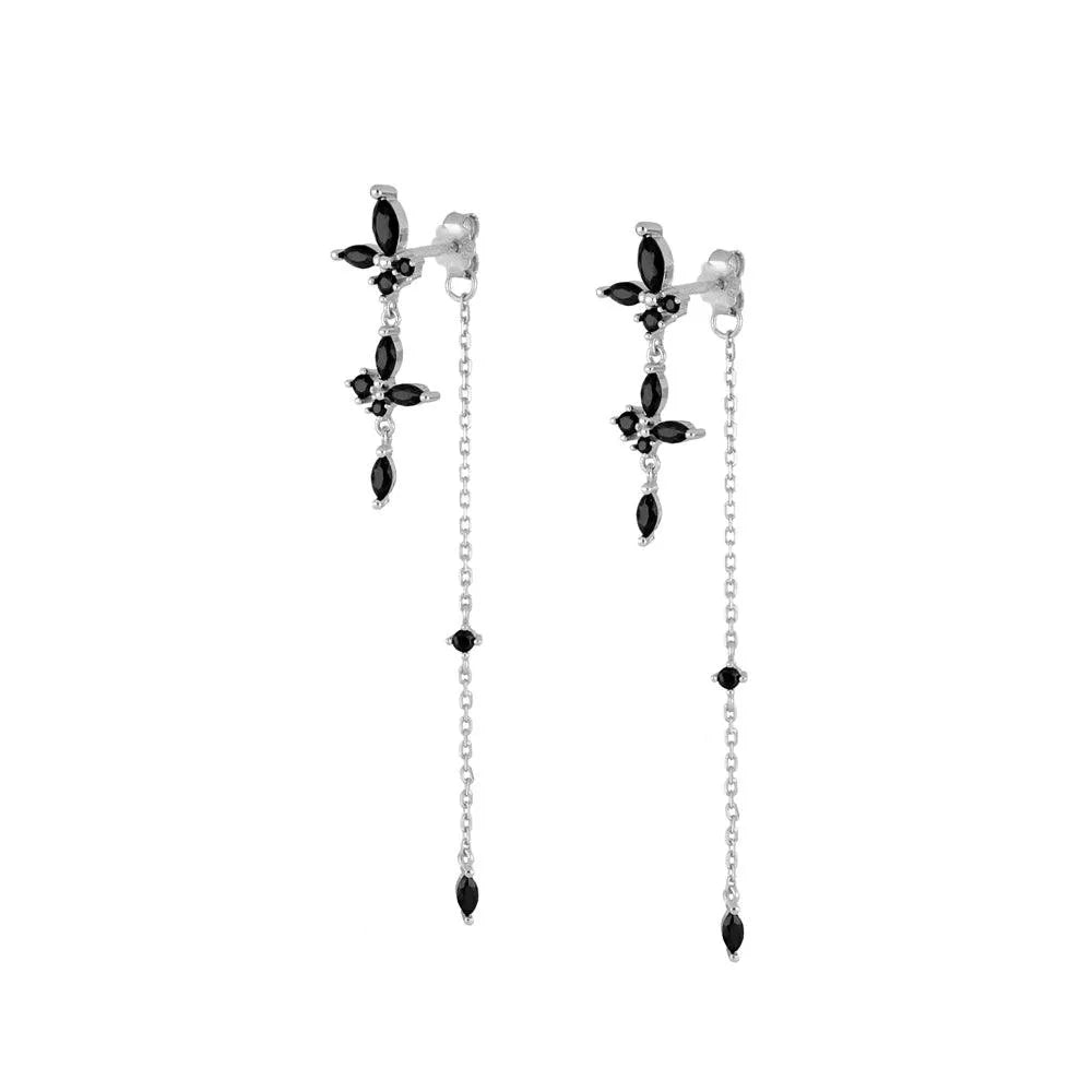Pendiente largo flores con circonita negra en plata 925, movimiento de cadena