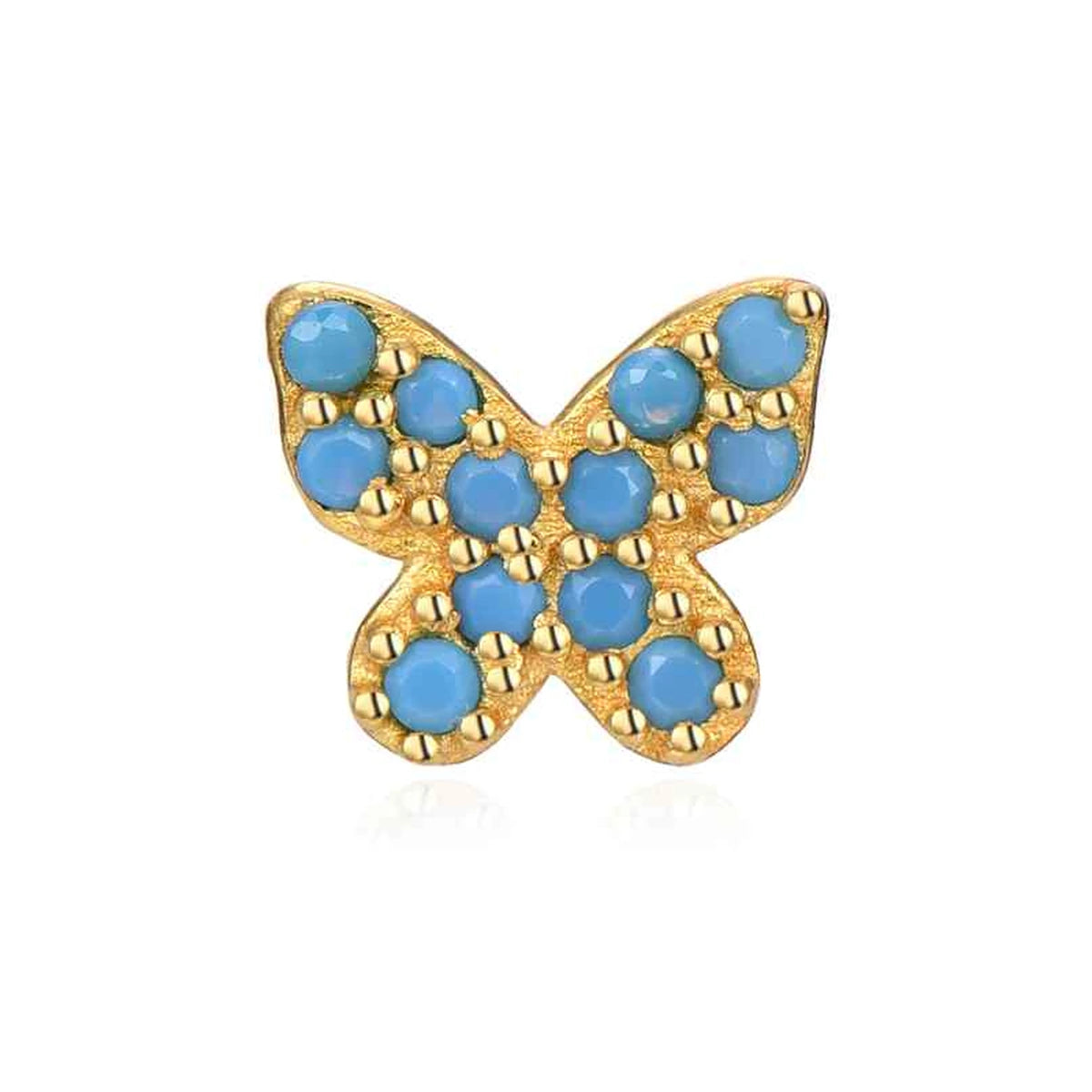 Pendiente Mariposa con Circonitas de Plata 925 en dorado, circonitas turquesa, de frente