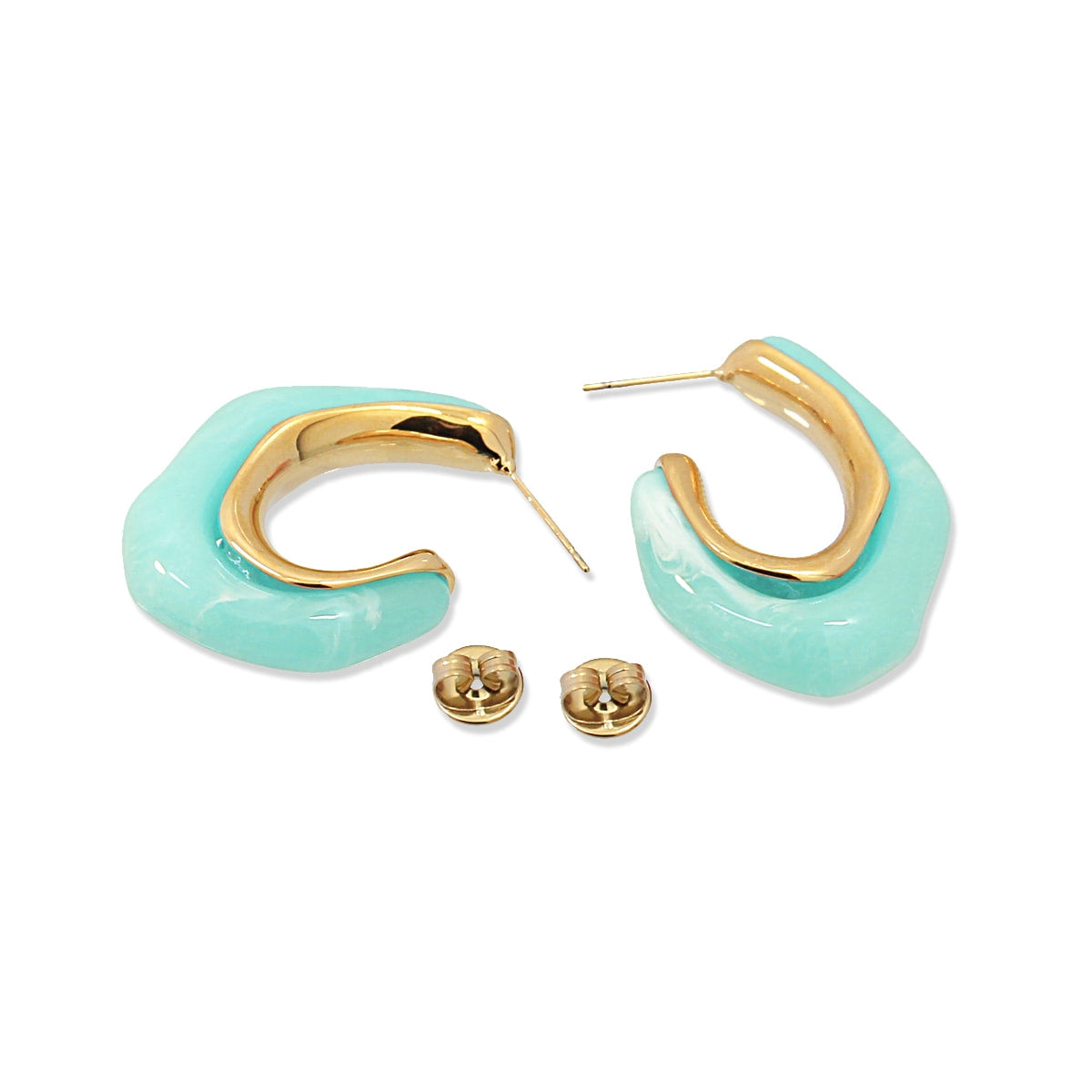 Vista lateral de los pendientes Aros Aura en color aguamarina con diseño irregular