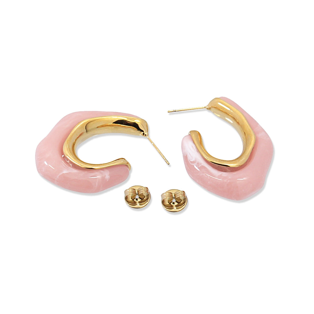 Vista lateral de los pendientes Aros Aura en color rosa con diseño irregular