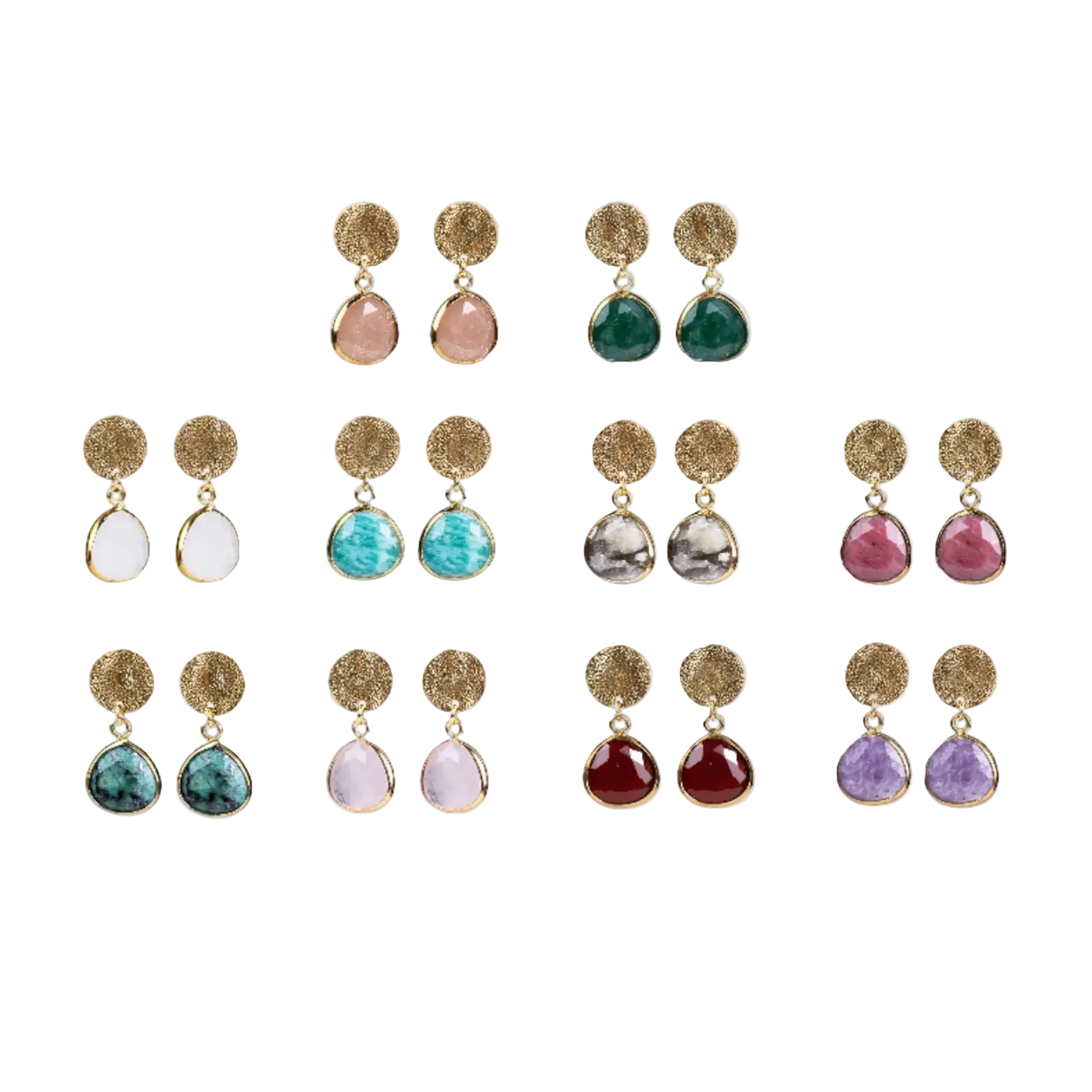 Pendientes chapita dorada con piedra natural, 13 variantes - Cobalto Accesorios Valencia