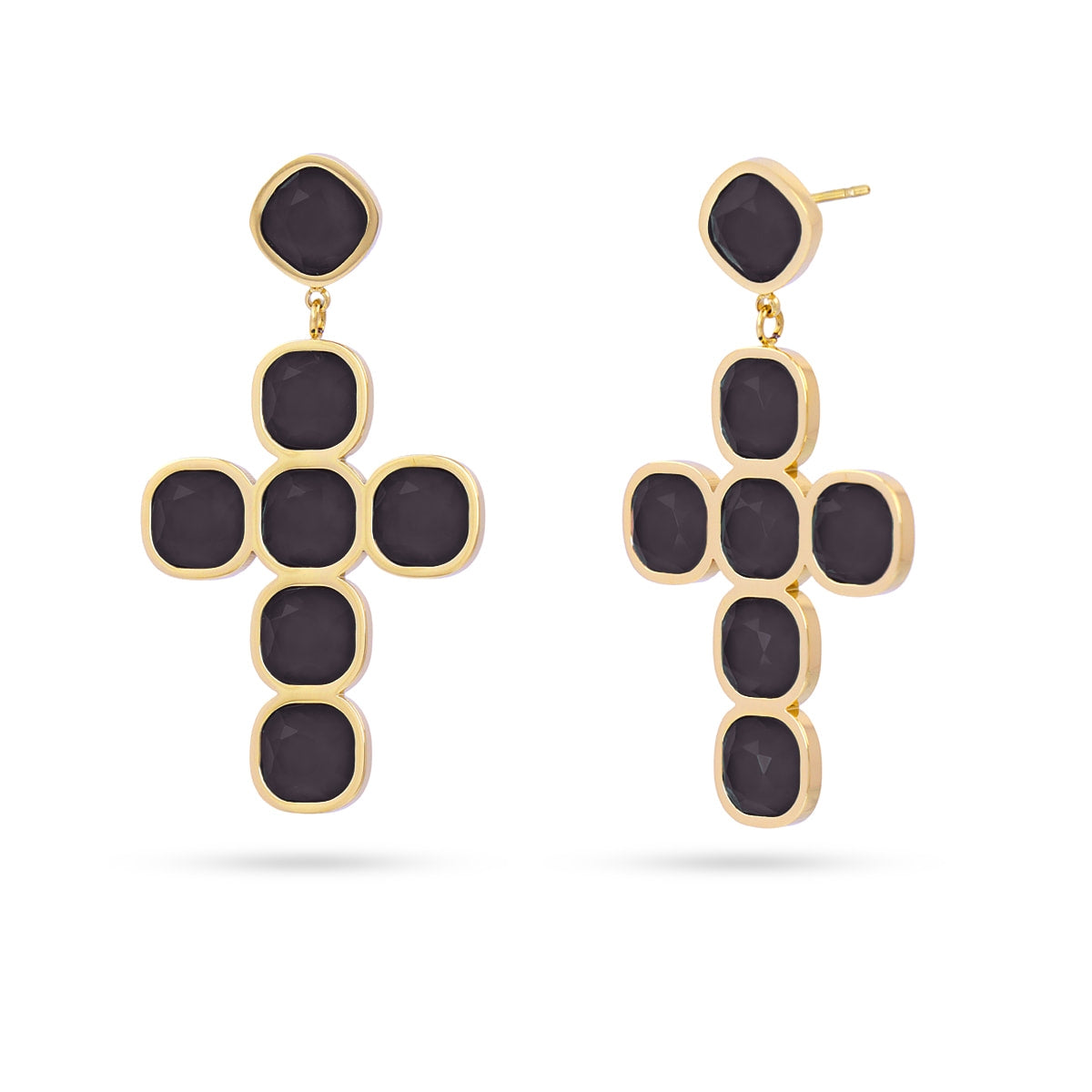Pendientes dorados con cristales negros en forma de cruz