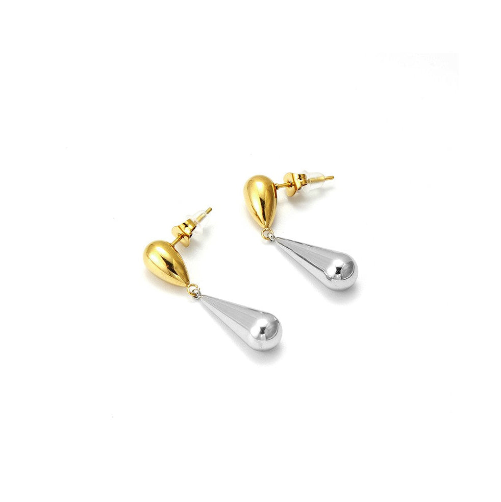 Pendientes bicolor de acero quirúrgico con doble gota dorada y plateada de 32 mm