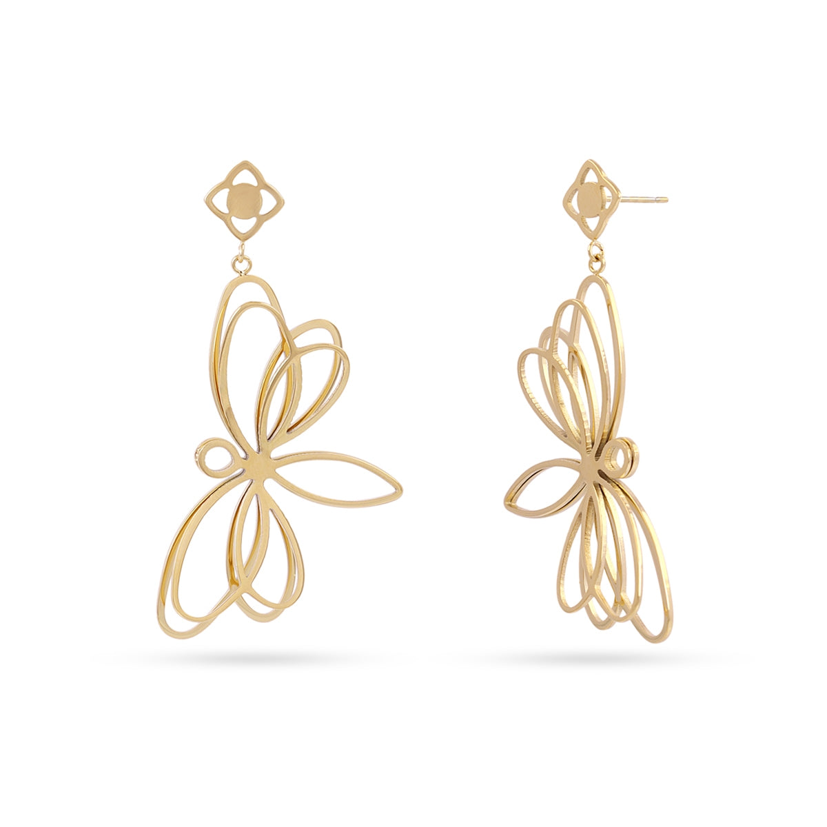 Pendientes Kaleia Blyra dorados de acero quirúrgico con diseño de libélula calada