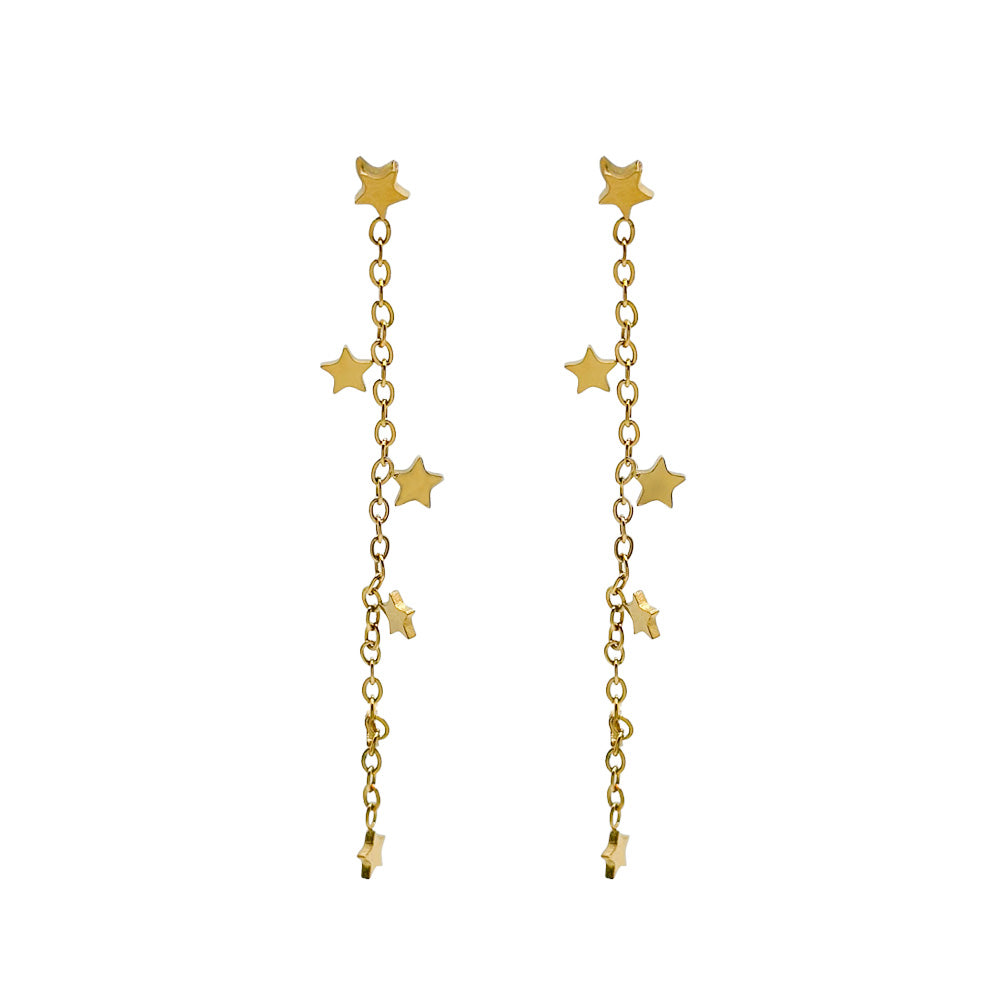 Pendientes largos dorados de cadena con estrellas en acero inoxidable 316L, diseño elegante y ligero, Cobalto Accesorios Valencia