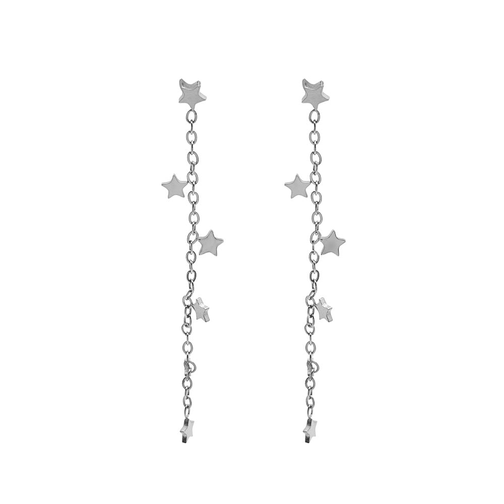 Pendientes largos plateados de cadena con estrellas en acero inoxidable 316L, estilo moderno y delicado, Cobalto Accesorios Valencia