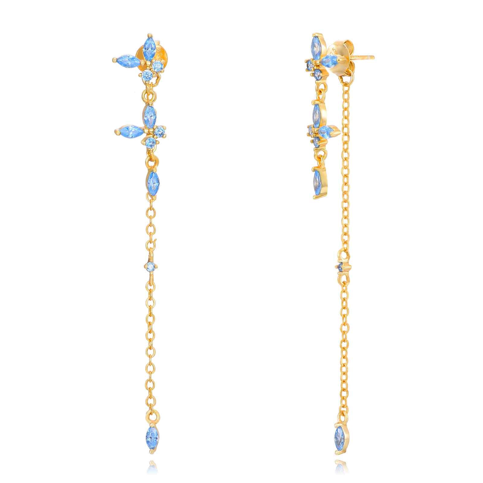 Pendientes largos dorados con circonitas en tono amatista, diseño elegante con caída