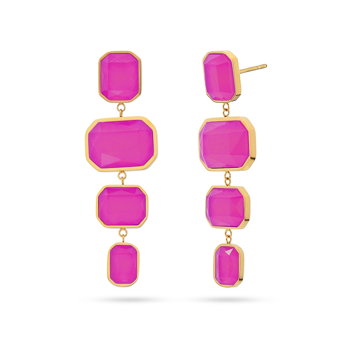 Pendientes largos con cristales en tono fucsia, ideales para aportar color y brillo a un look especial