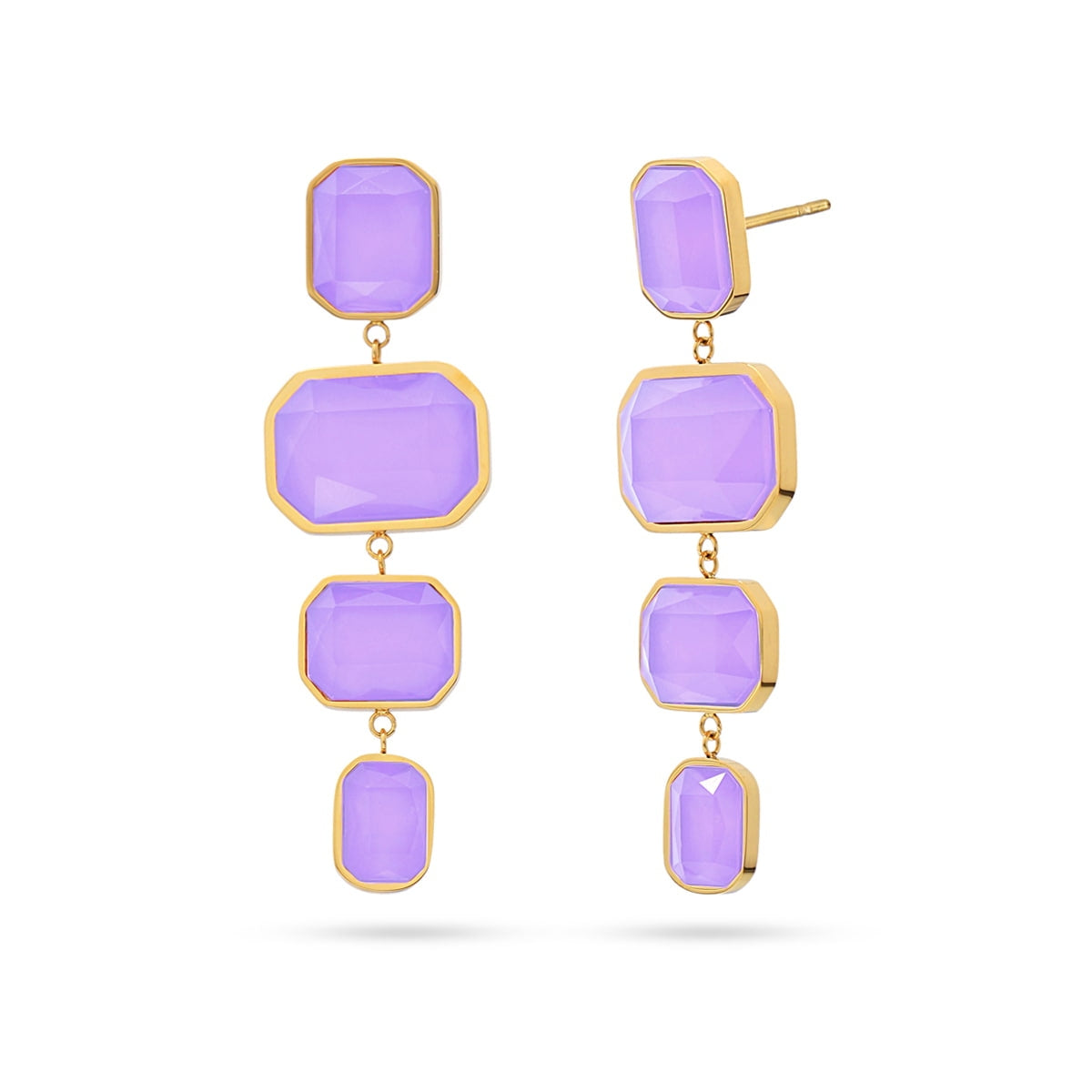 Pendientes largos con cristales en tono lila, diseño elegante con caída y brillo para ocasiones especiales