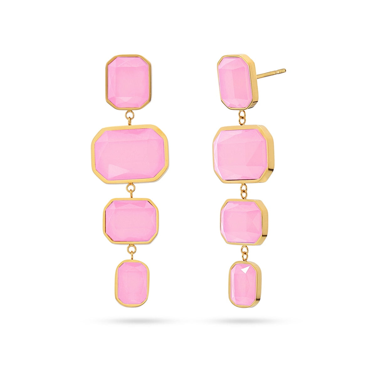 Pendientes largos con cristales en tono rosa, un accesorio delicado y brillante para looks especiales