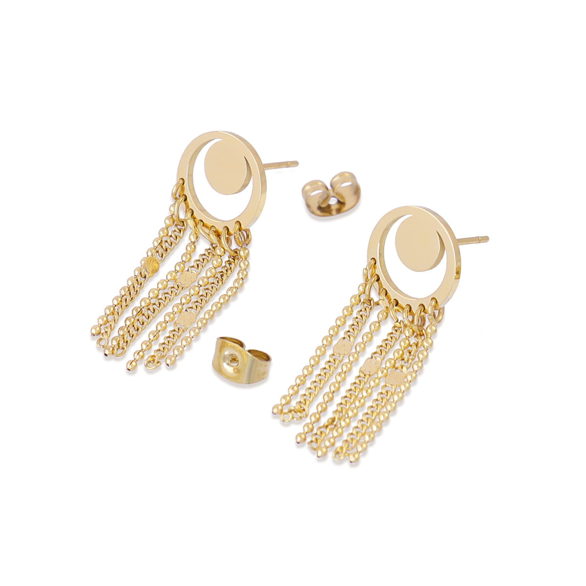 Vista lateral de los Pendientes Rainfall Ethereal con acabado dorado brillante