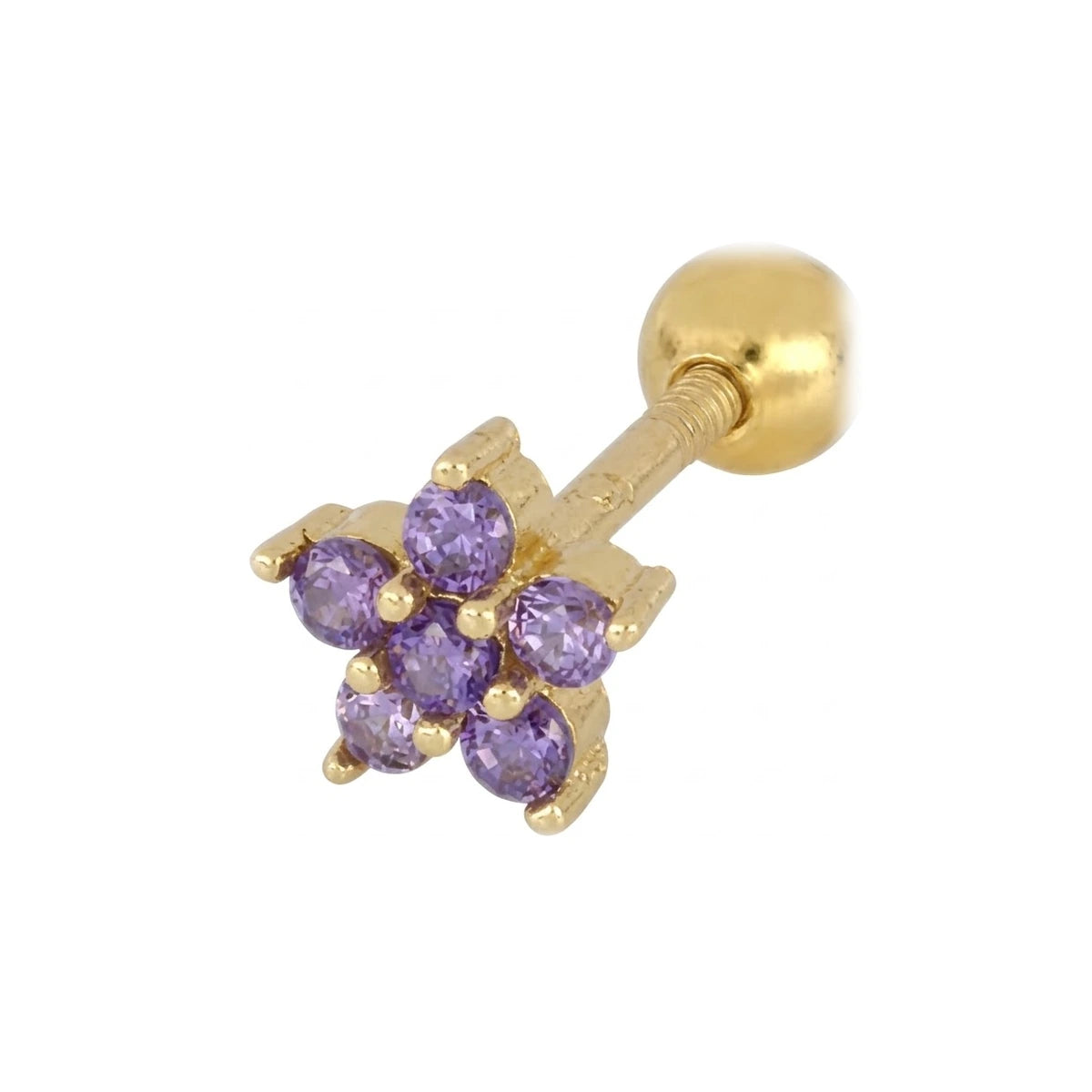 Piercing Flor Circonitas de Plata 925 en dorado, con circonitas lilas, una sola pieza