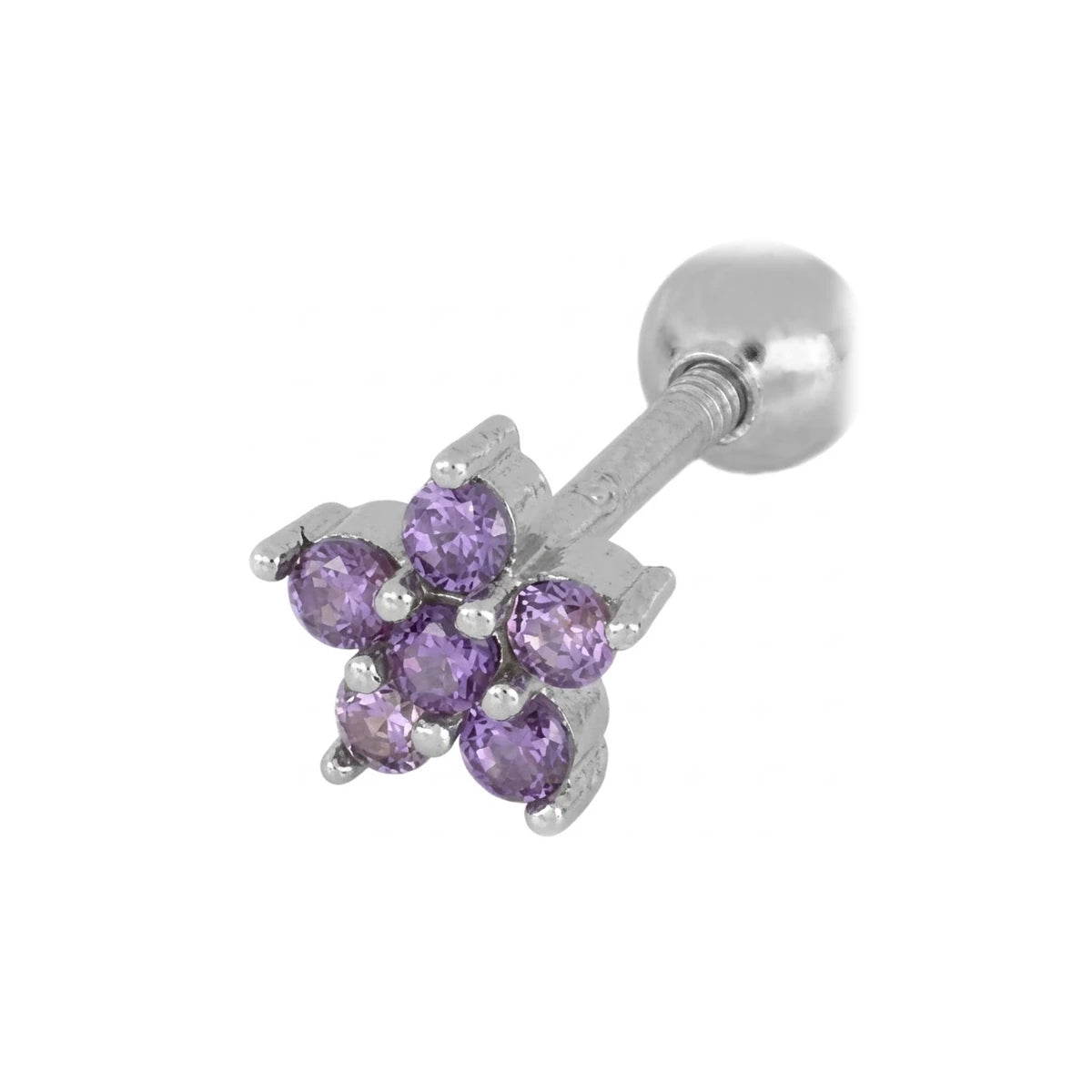 Piercing Flor Circonitas de Plata 925 en plateado, con circonitas lilas, una sola pieza