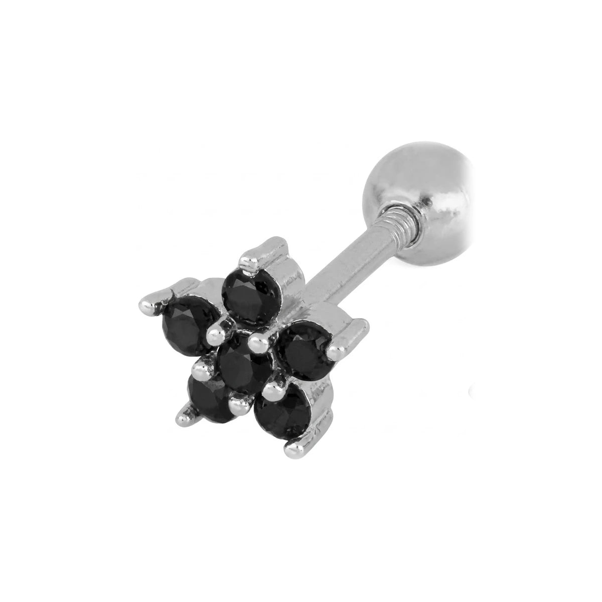 Piercing Flor Circonitas de Plata 925 en plateado, con circonitas negras, una sola pieza