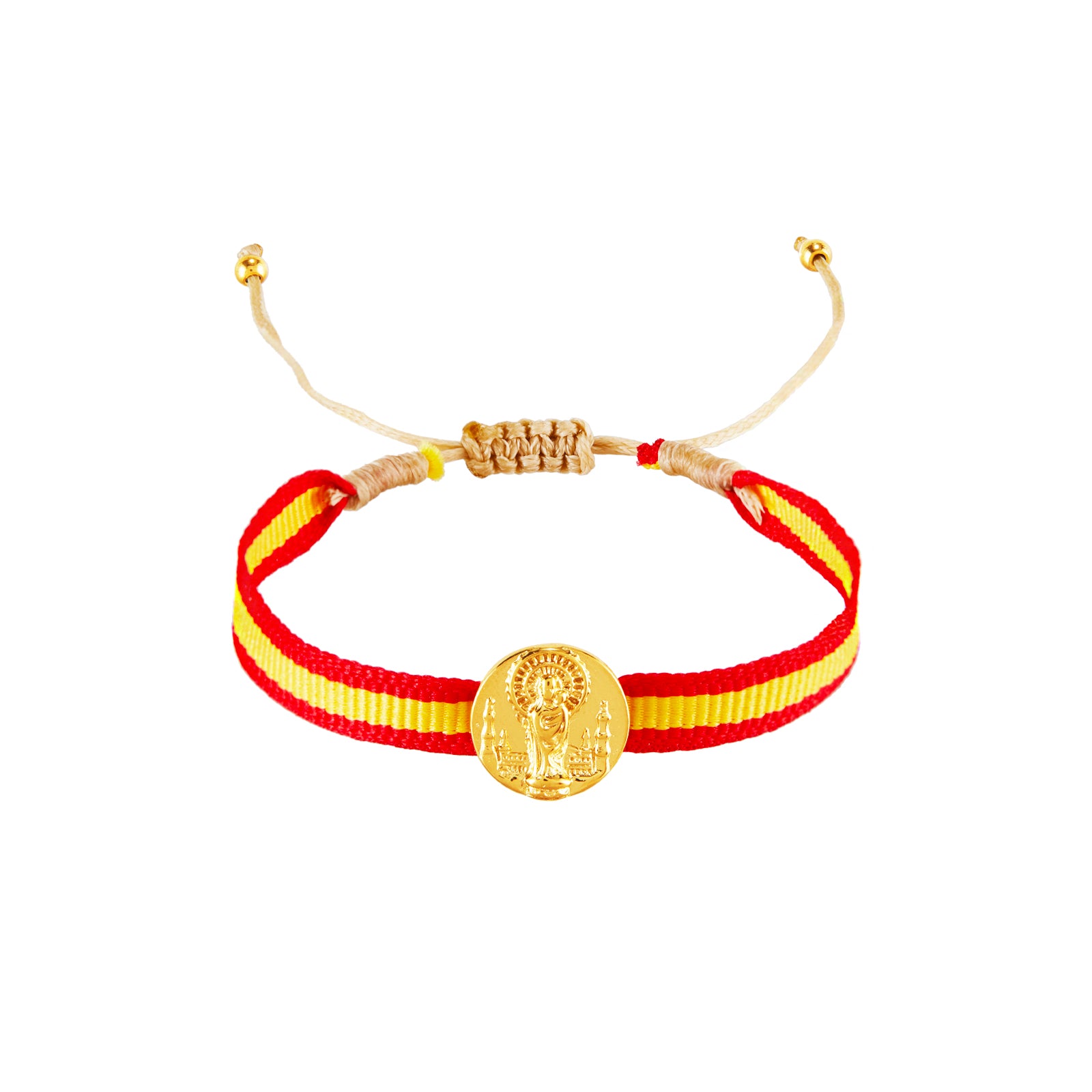Pulsera Argentina España con medalla de la Virgen del Pilar y cordón trenzado, diseño artesanal con inspiración religiosa de Cobalto Accesorios.