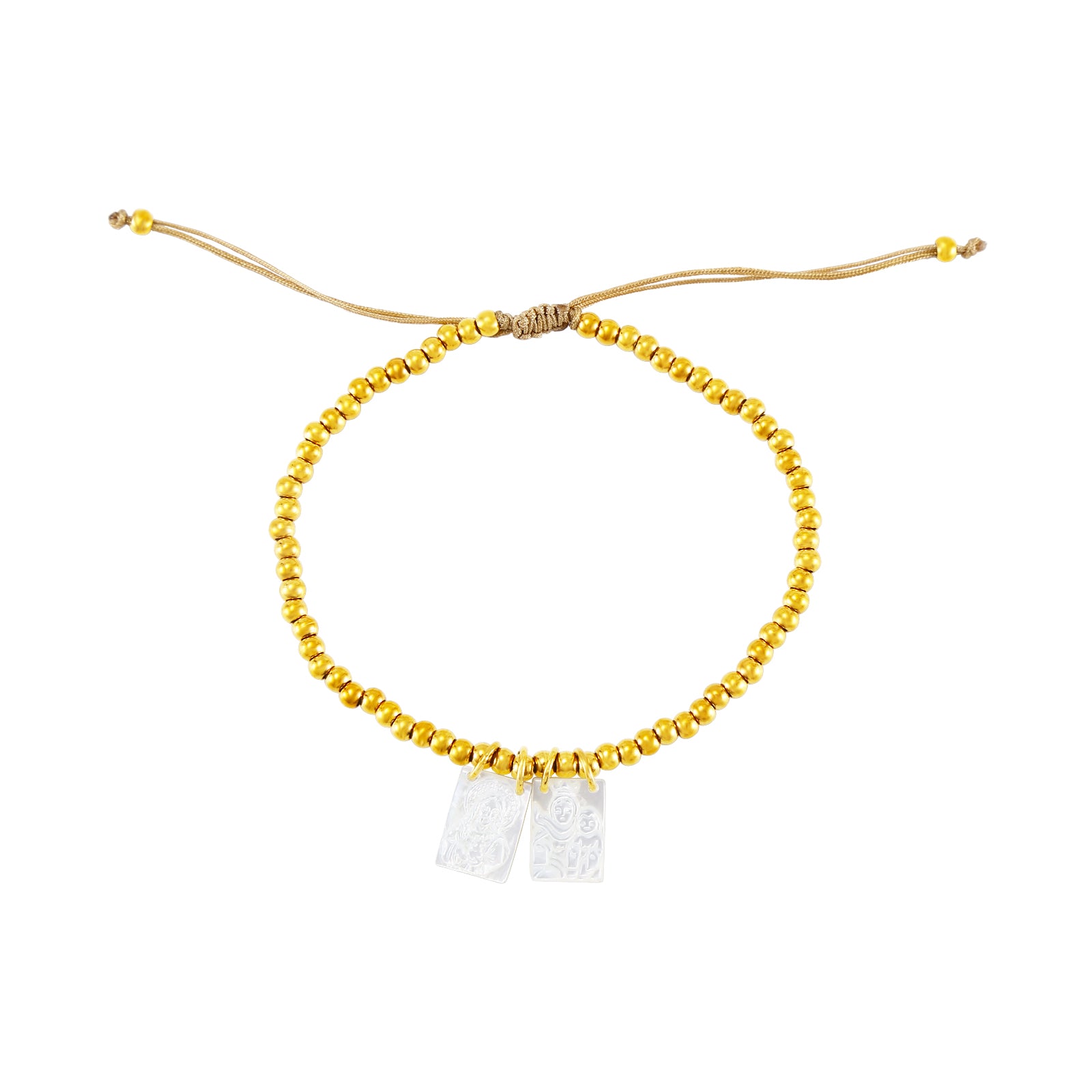 Pulsera Faith con escapulario en nácar y acero dorado, diseño religioso delicado