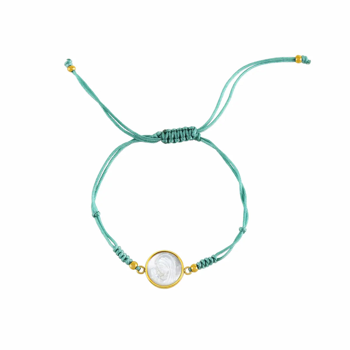 Pulsera Hope con medalla de la Virgen Niña y cordón ajustable, diseño delicado y artesanal de Cobalto Accesorios.