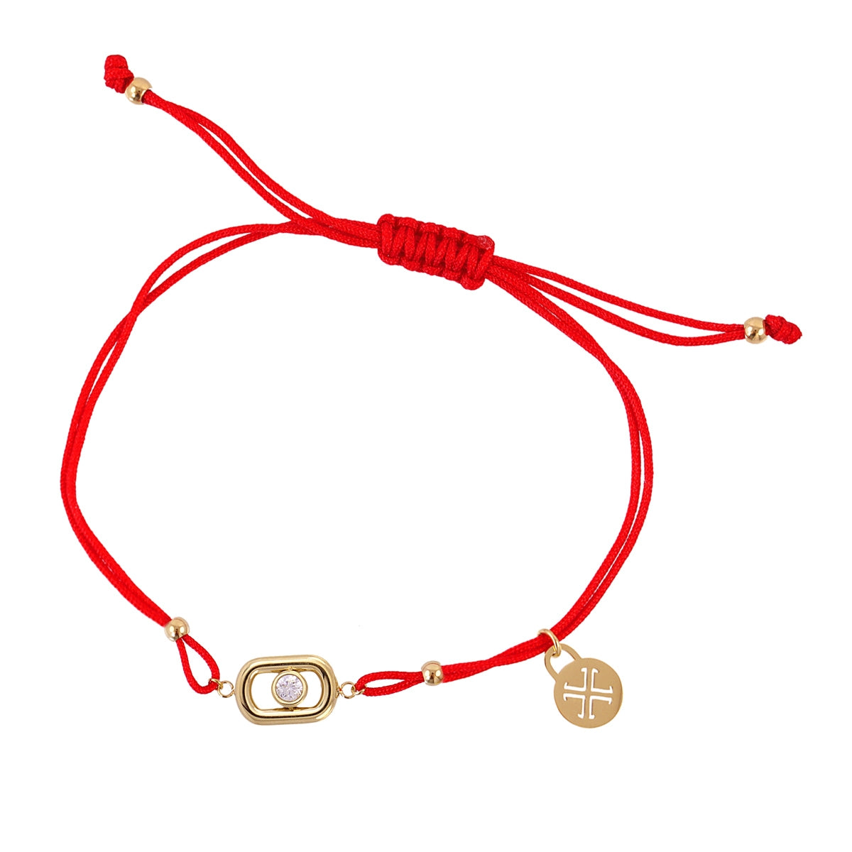 Pulsera Infinity Eternal roja ajustable con charm dorado y circonita central sobre fondo blanco, vista packshot