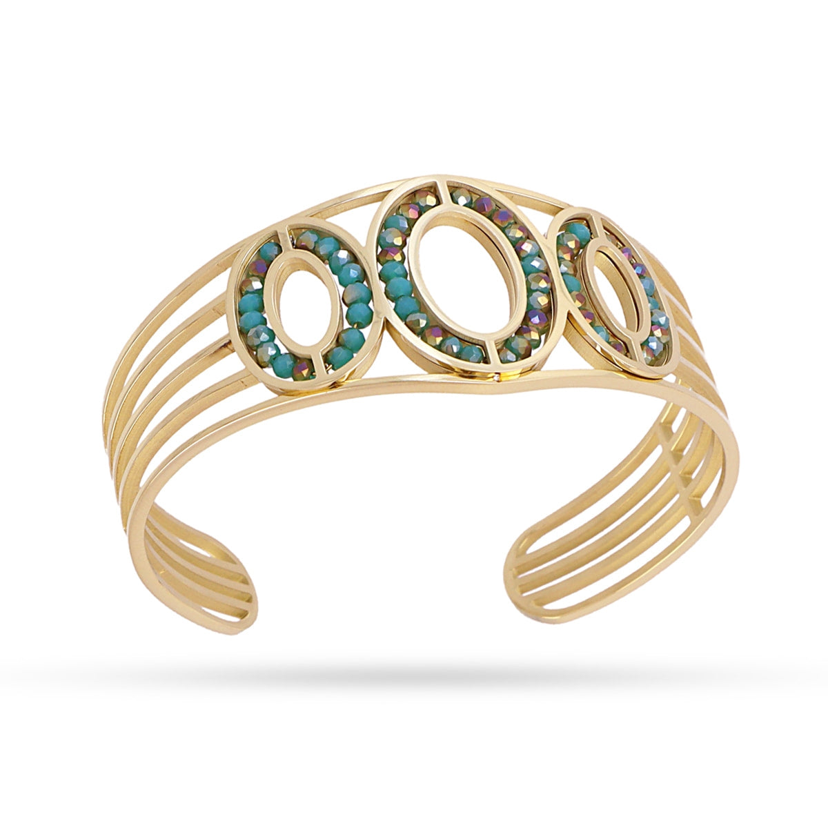 Pulsera Levity Calm dorada con diseño ovalado y piedras de cristal turquesa