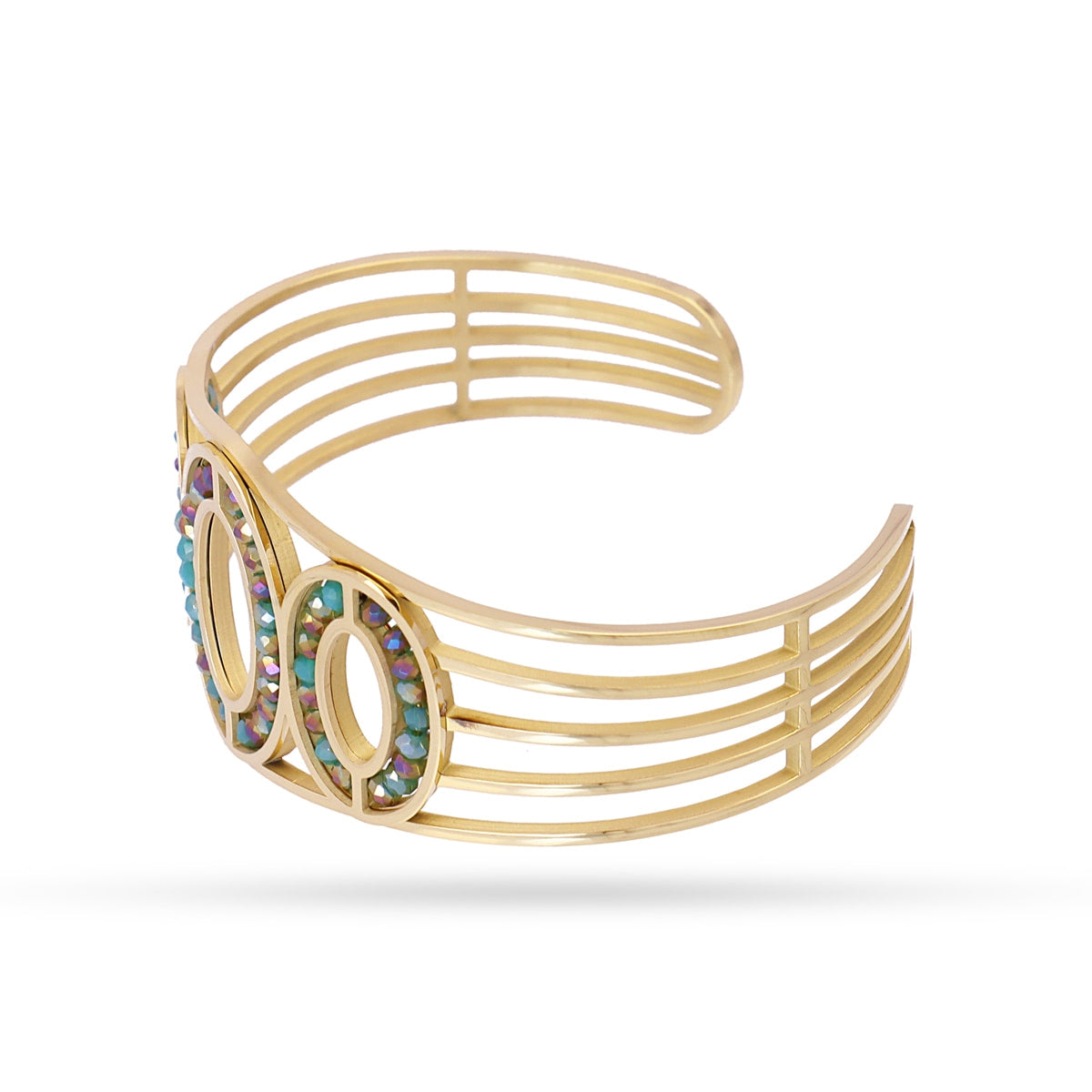 Pulsera Levity Calm dorada vista lateral con detalle de piedras de cristal