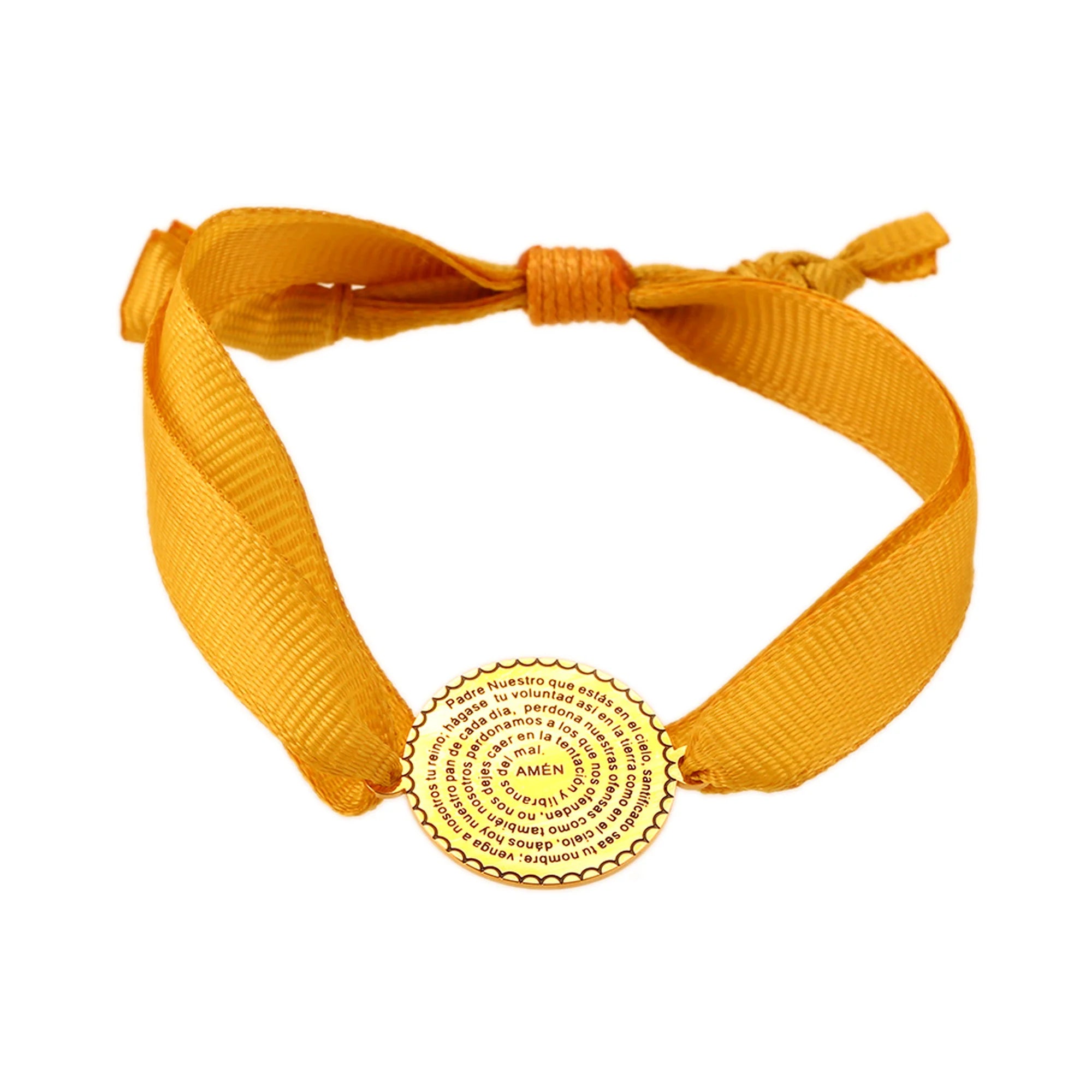 Pulsera Padre Nuestro con medalla dorada y cinta amarilla ajustable