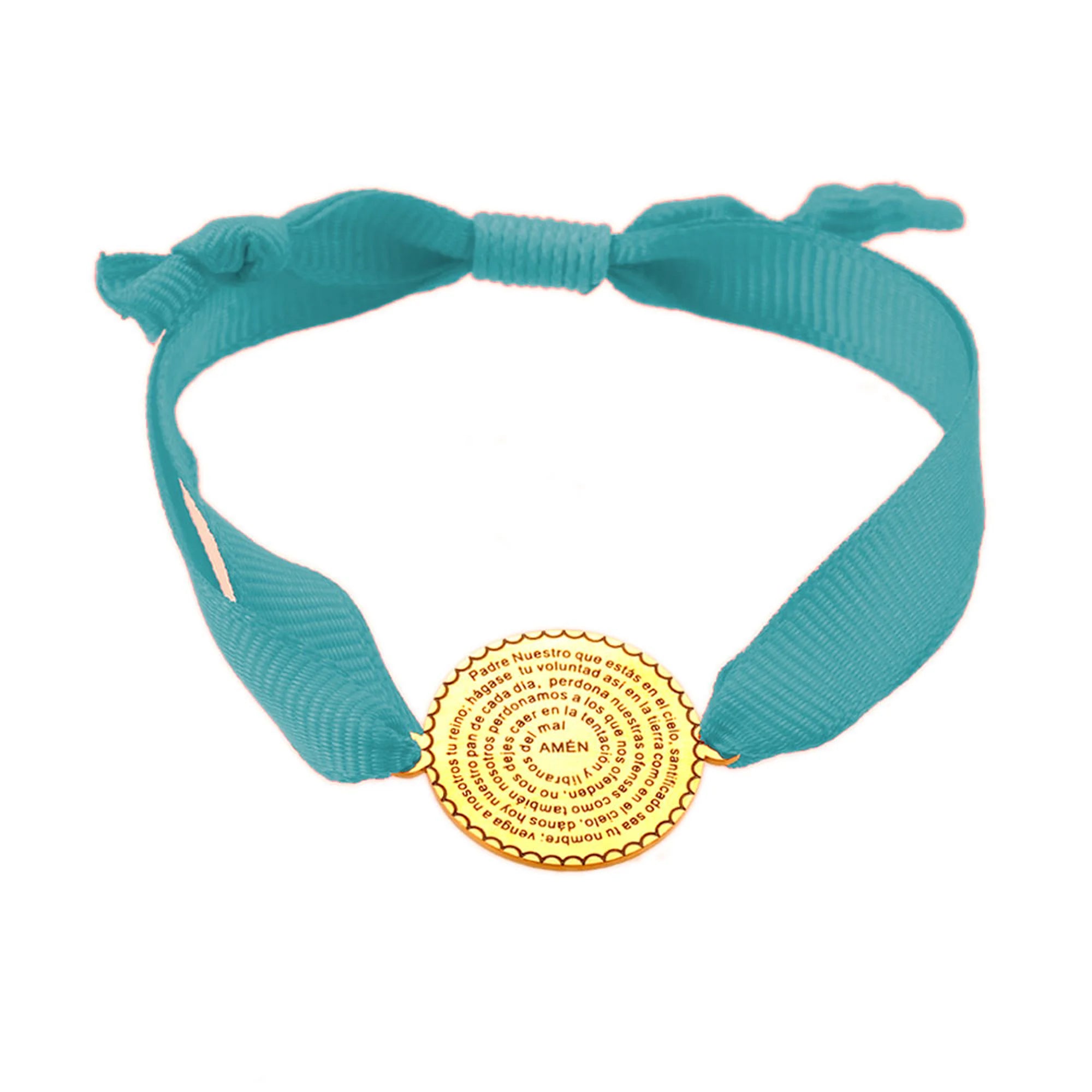 Pulsera Padre Nuestro con medalla dorada y cinta azul claro ajustable