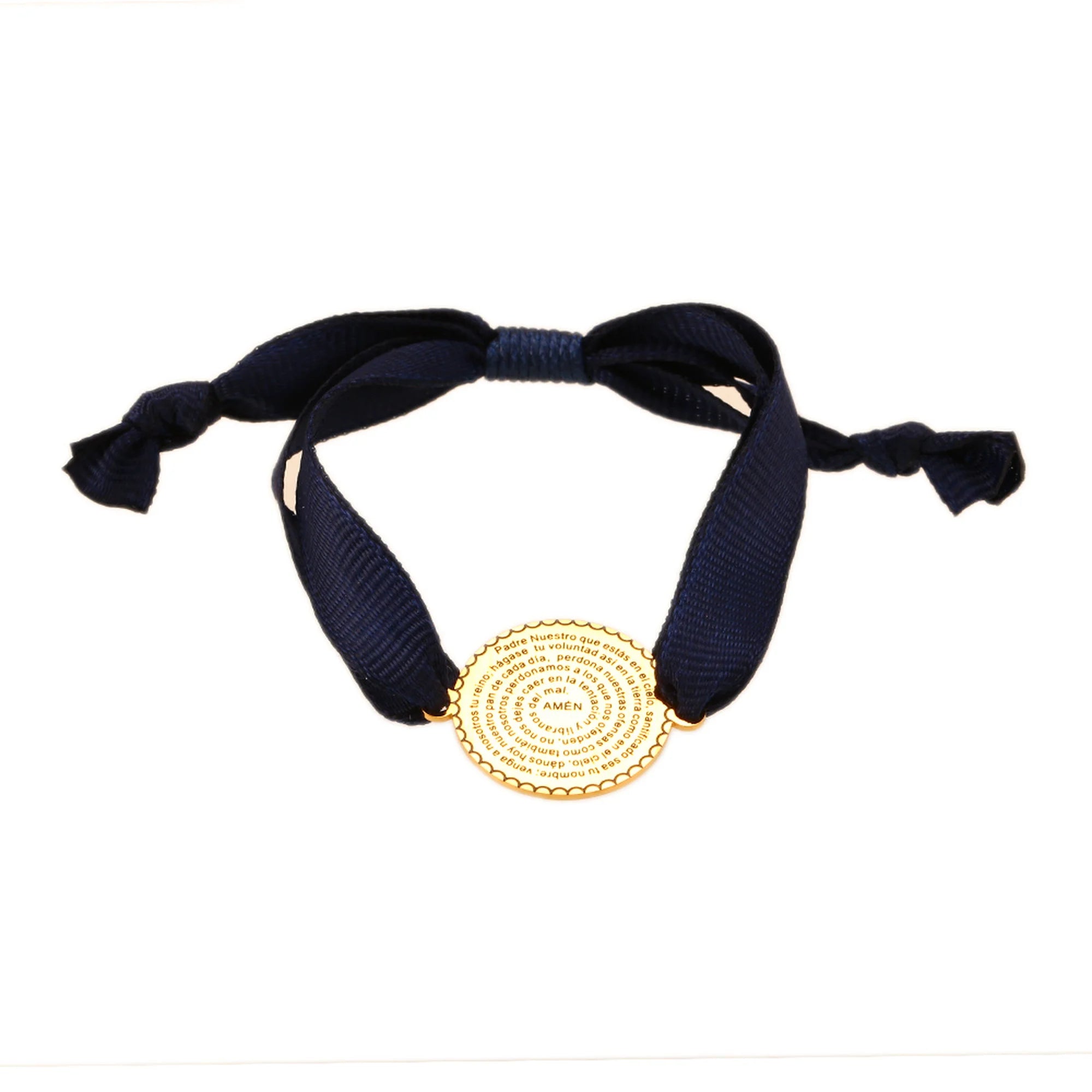 Pulsera Padre Nuestro con medalla dorada y cinta azul marino ajustable