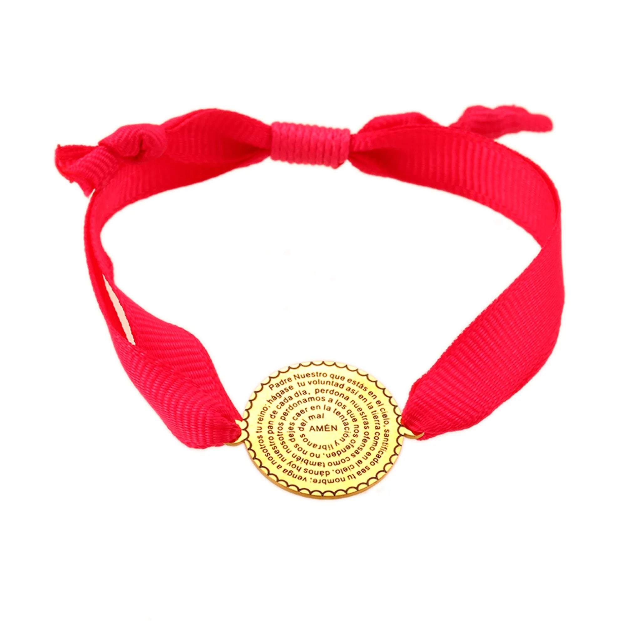 Pulsera Padre Nuestro con medalla dorada y cinta fucsia ajustable