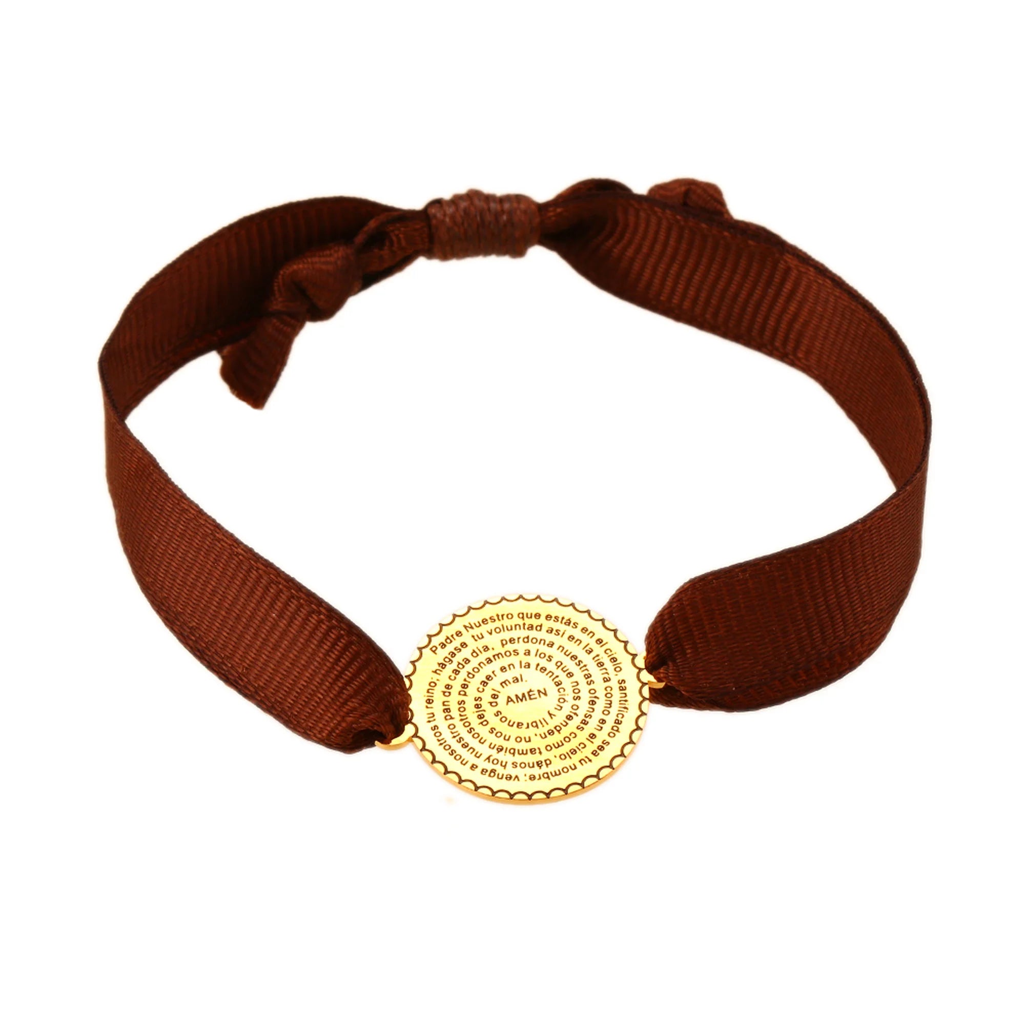 Pulsera Padre Nuestro con medalla dorada y cinta marrón ajustable