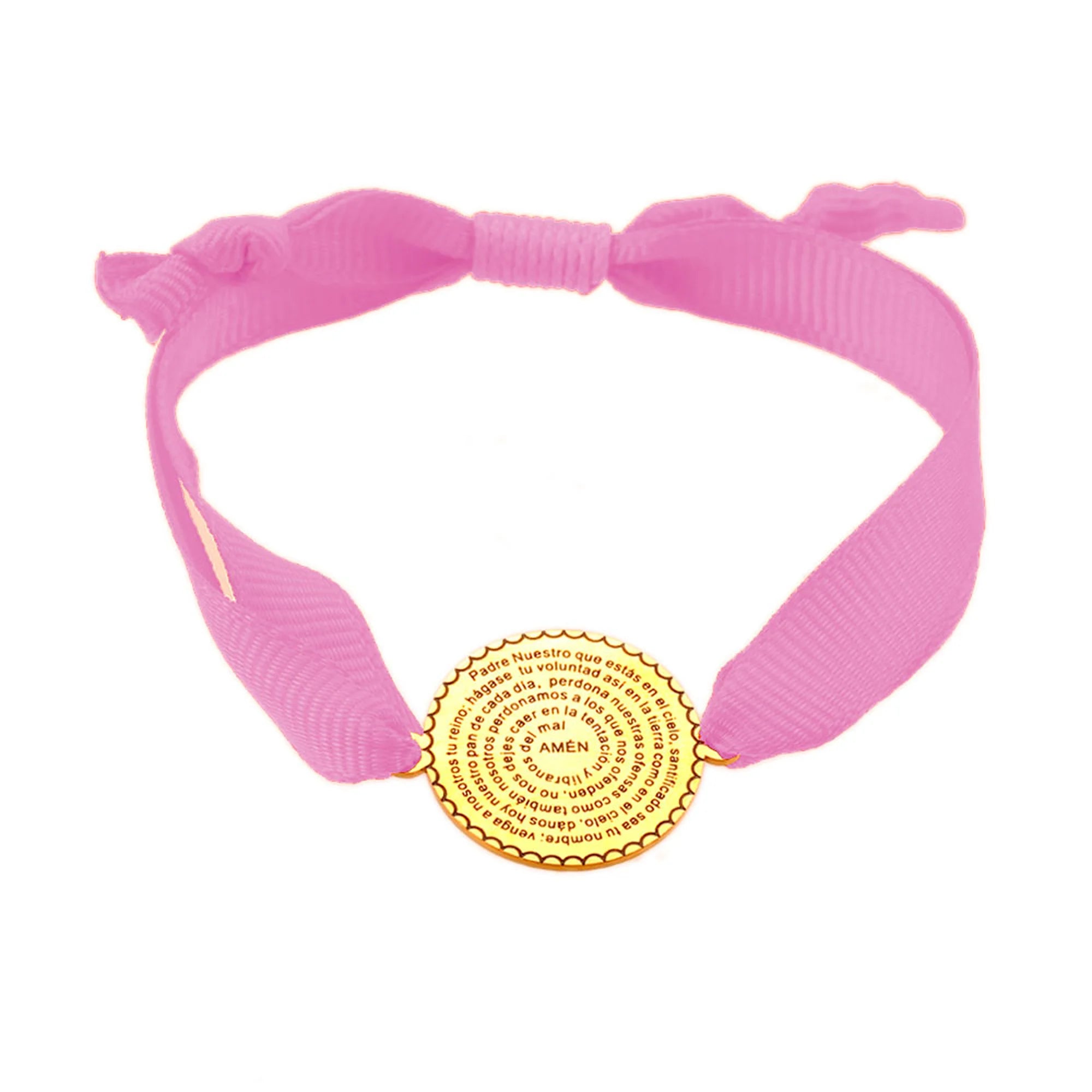 Pulsera Padre Nuestro con medalla dorada y cinta rosa claro ajustable