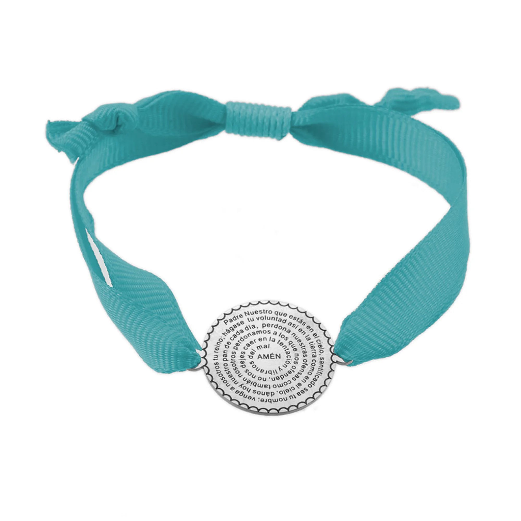 Pulsera Padre Nuestro con medalla plateada y cinta azul claro ajustable
