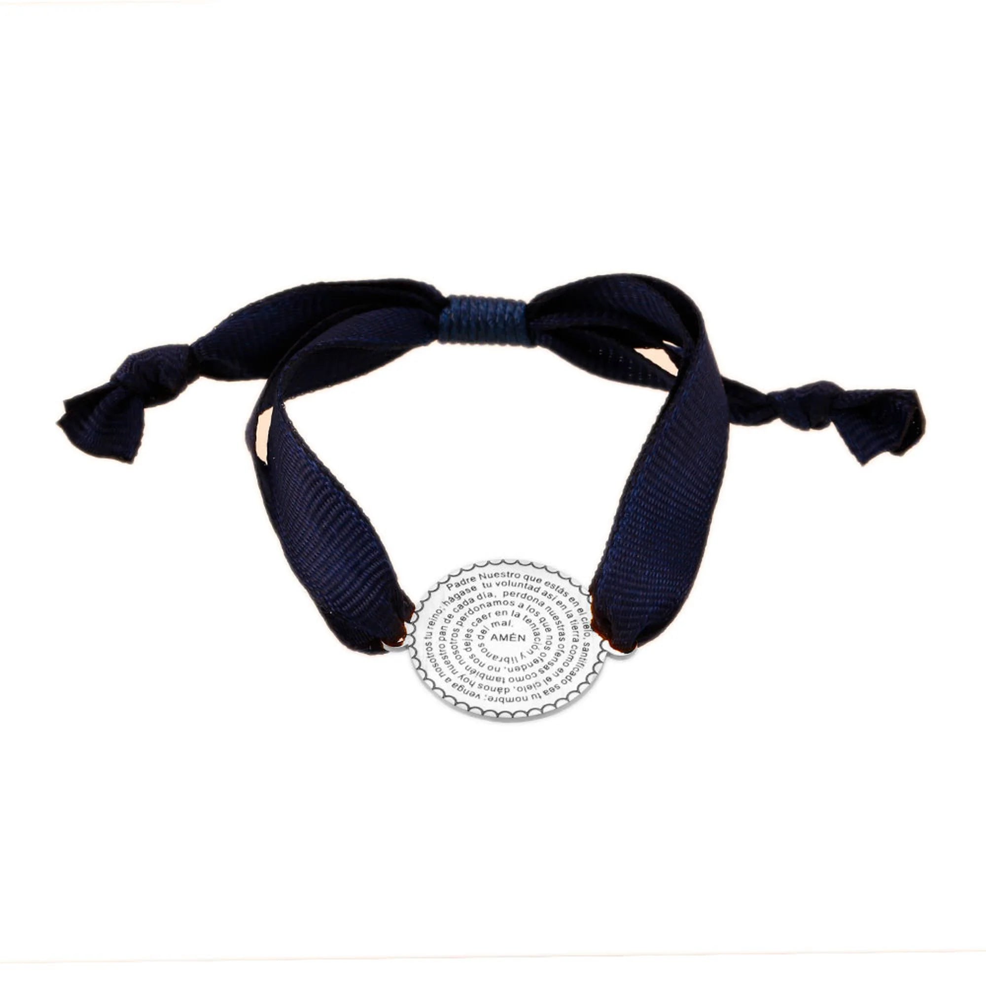 Pulsera Padre Nuestro con medalla plateada y cinta azul marino ajustable
