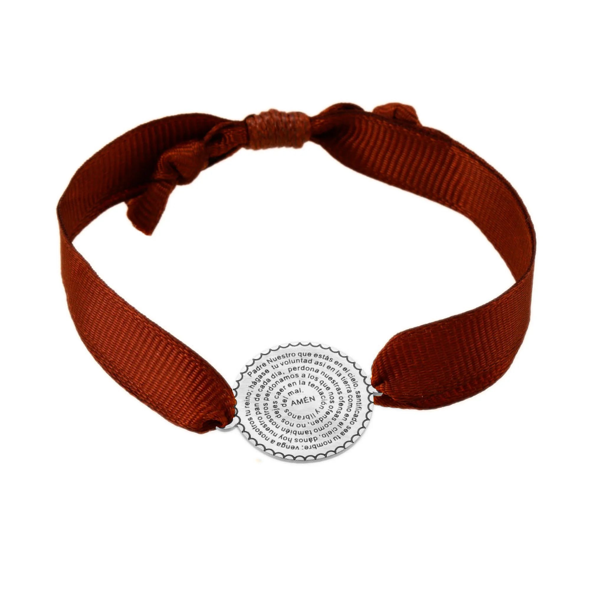 Pulsera Padre Nuestro con medalla plateada y cinta marrón ajustable