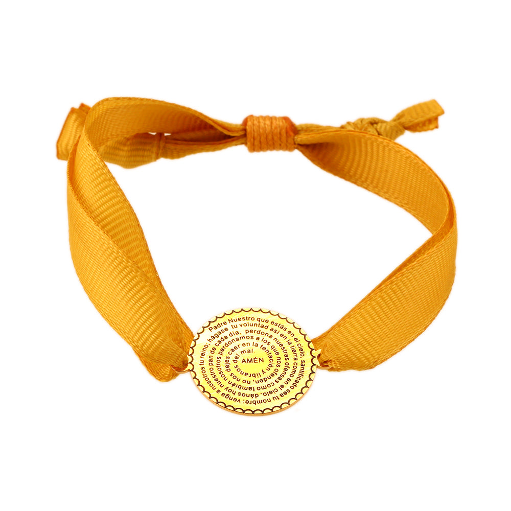 Pulsera Padre Nuestro en acero dorado con medalla de 20 mm y cinta amarilla ajustable