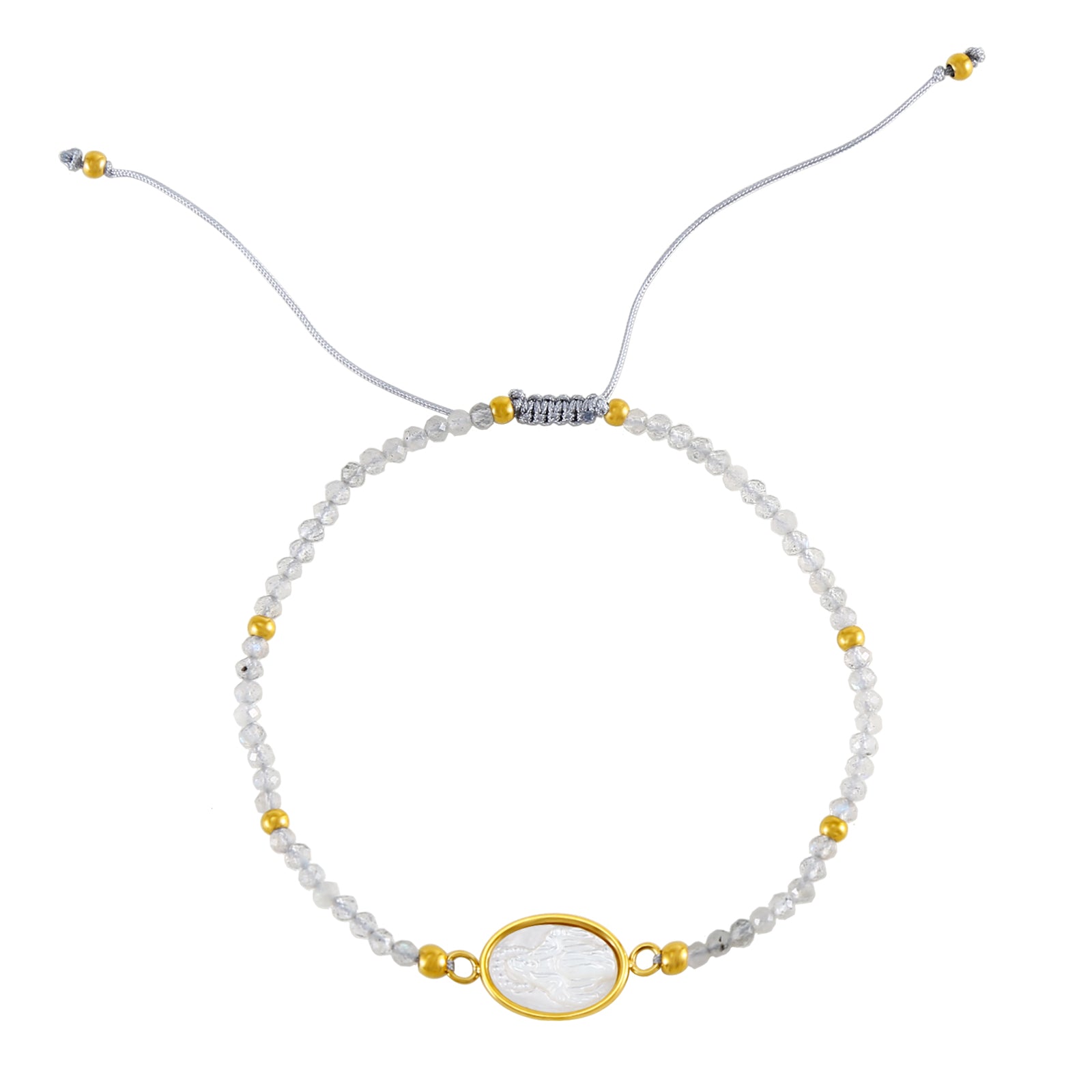 Pulsera Virgen Milagrosa de nácar con piedra natural labradorita y acabado dorado