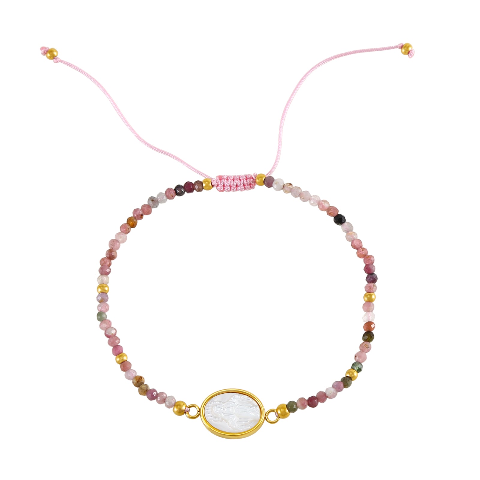 Pulsera Virgen Milagrosa de nácar con piedra natural turmalina y diseño delicado
