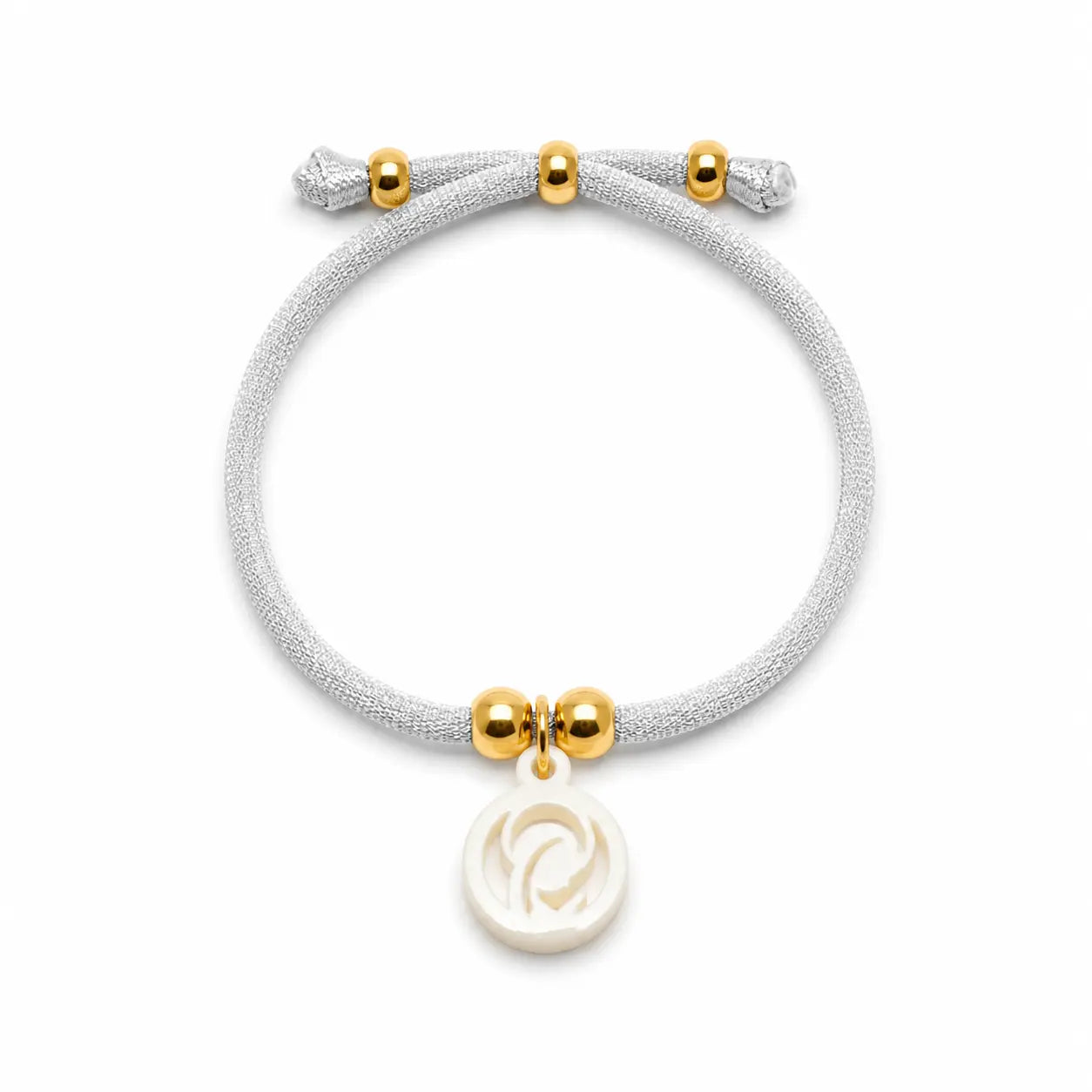 Pulsera Virgen Niña con cordón elástico gris y cuentas doradas, hecha a mano en España