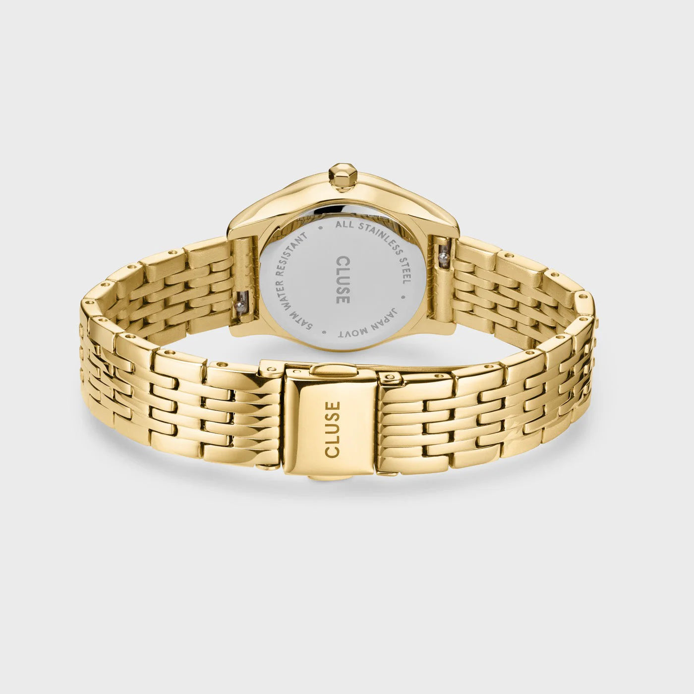 Vista trasera del reloj Cluse Féroce Mini White Gold con cierre de acero dorado