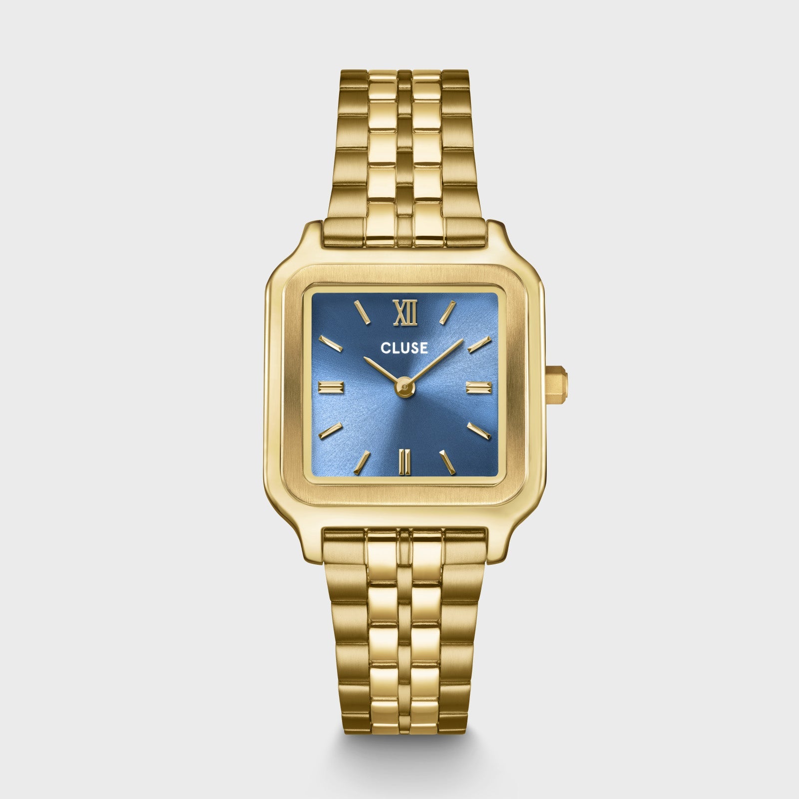 Reloj Cluse Gracieuse azul cianita y dorado en vista frontal
